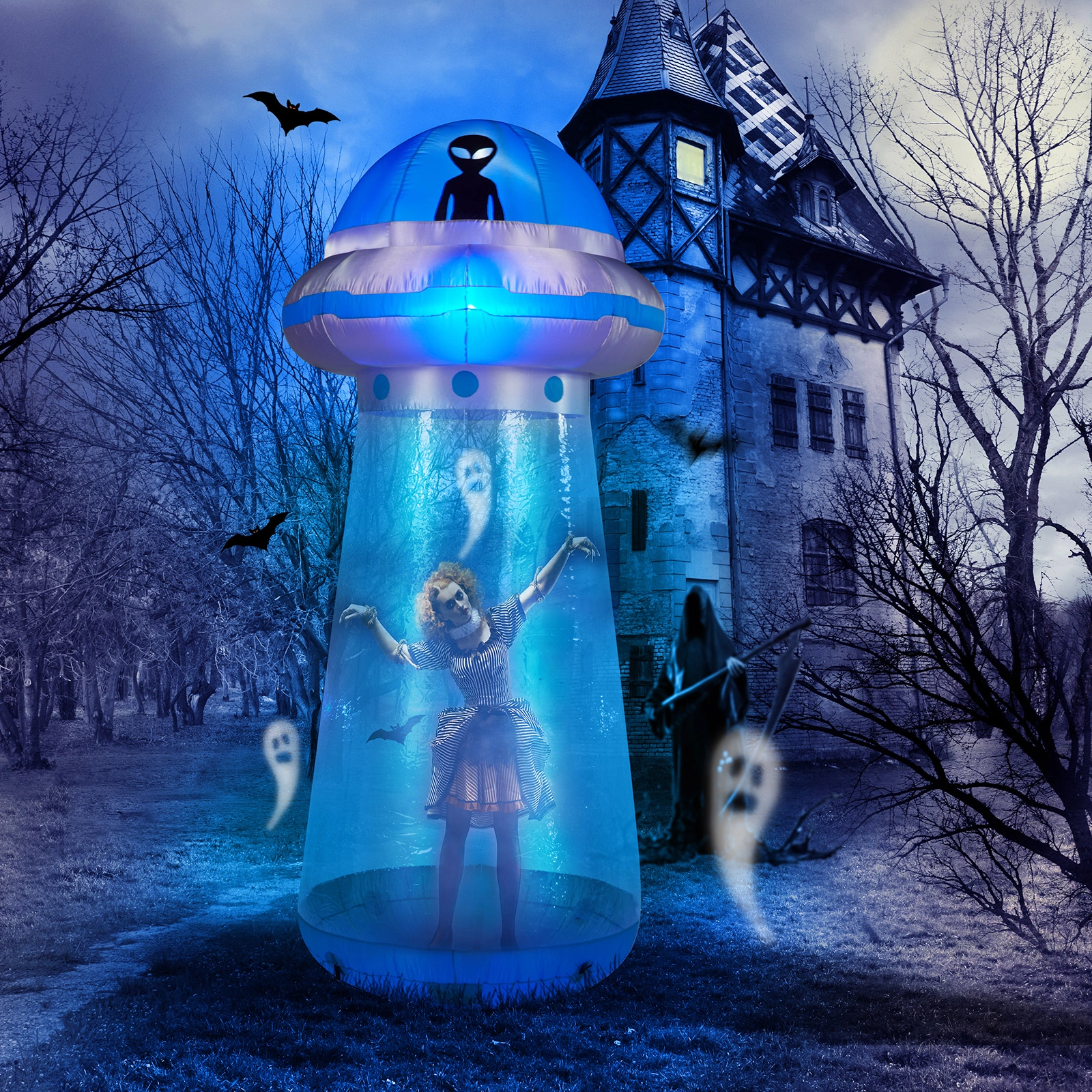 8.8 FT Halloween Inflatable UFO Yard Decoration, Fun Tall Blow up Yard Decor with Built-in LED Lights and Stand Inside Design for Holiday Party Yard Lawn Garden Decor Indoor Outdoor view 12