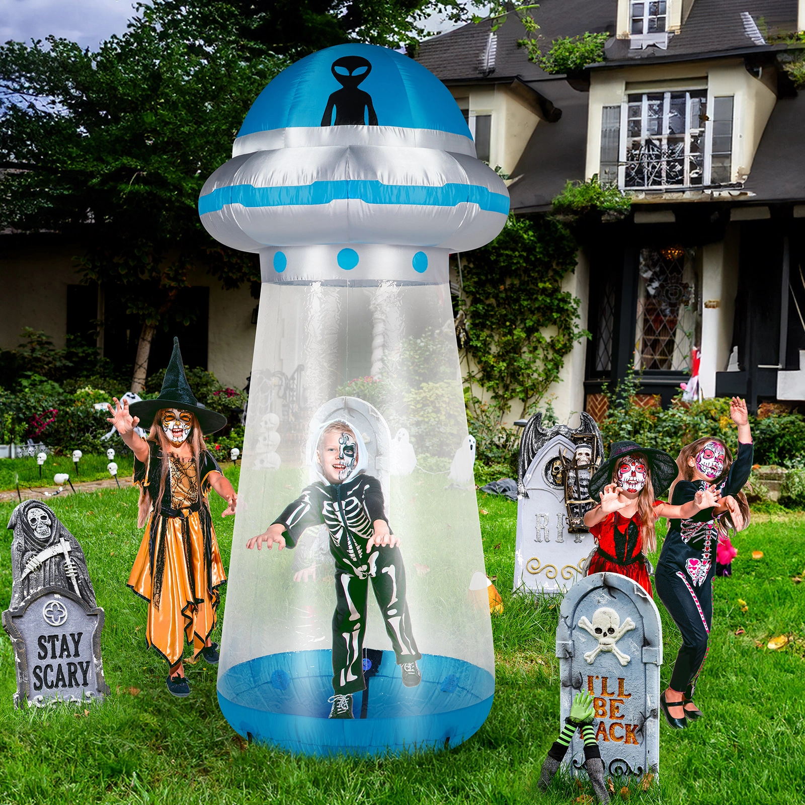 8.8 FT Halloween Inflatable UFO Yard Decoration, Fun Tall Blow up Yard Decor with Built-in LED Lights and Stand Inside Design for Holiday Party Yard Lawn Garden Decor Indoor Outdoor view 8