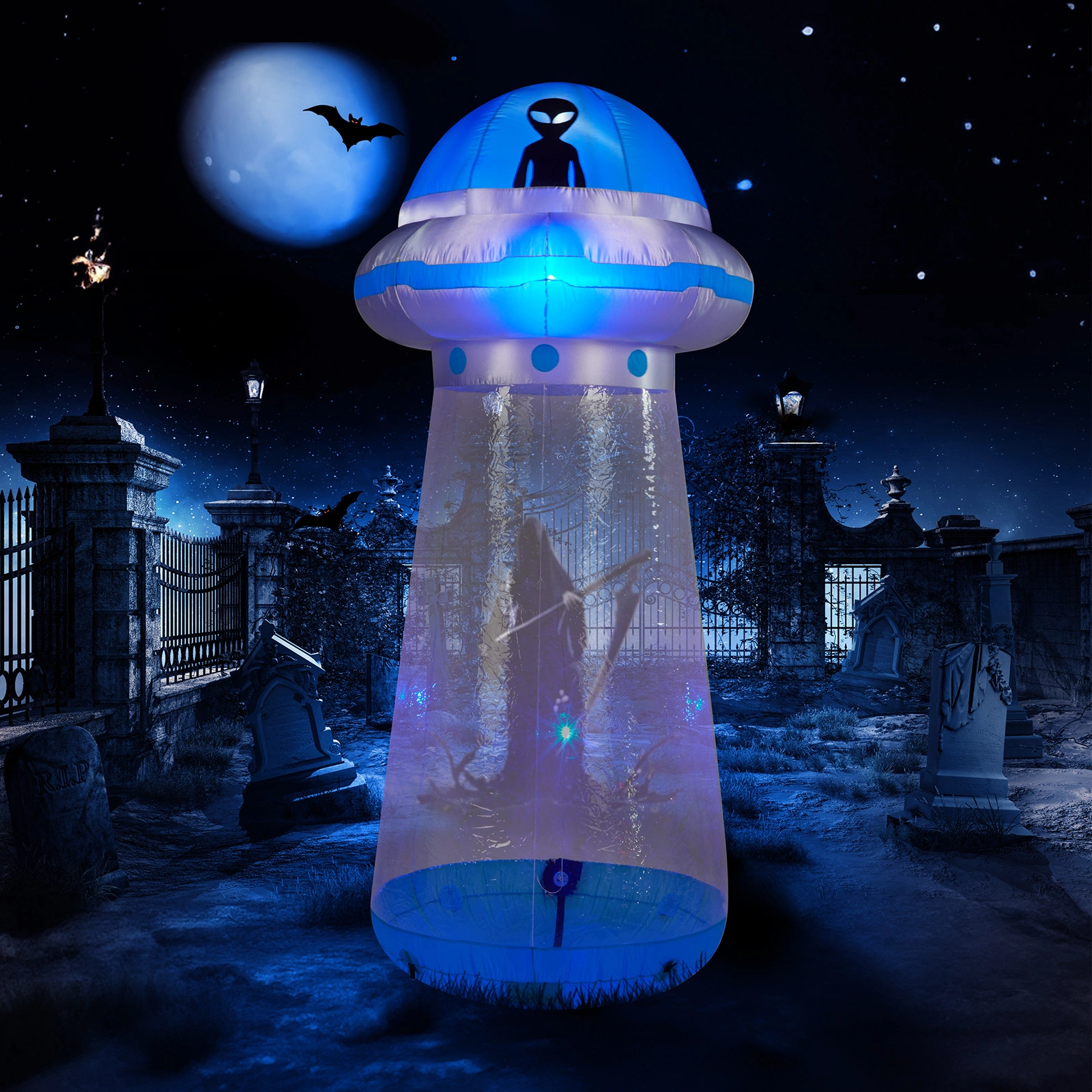 8.8 FT Halloween Inflatable UFO Yard Decoration, Fun Tall Blow up Yard Decor with Built-in LED Lights and Stand Inside Design for Holiday Party Yard Lawn Garden Decor Indoor Outdoor view 9