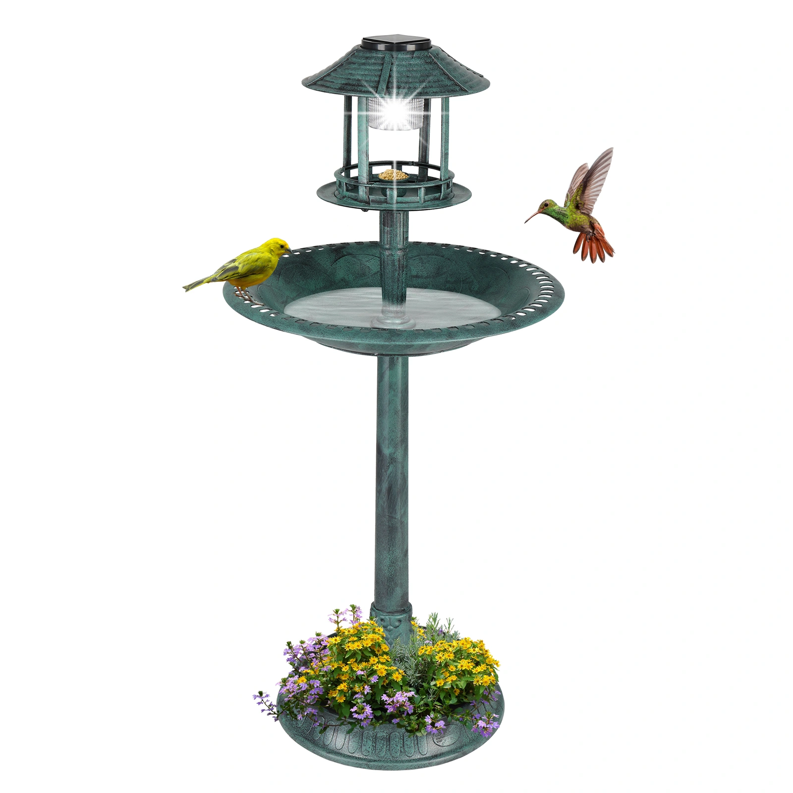 51*51*106cm Round Plastic Birdbath with Solar Light, Dark Green Outdoor Garden Bird Bath Fountain view 10