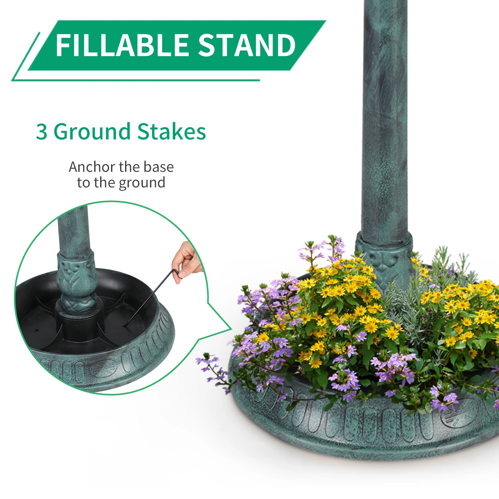 51*51*106cm Round Plastic Birdbath with Solar Light, Dark Green Outdoor Garden Bird Bath Fountain view 13