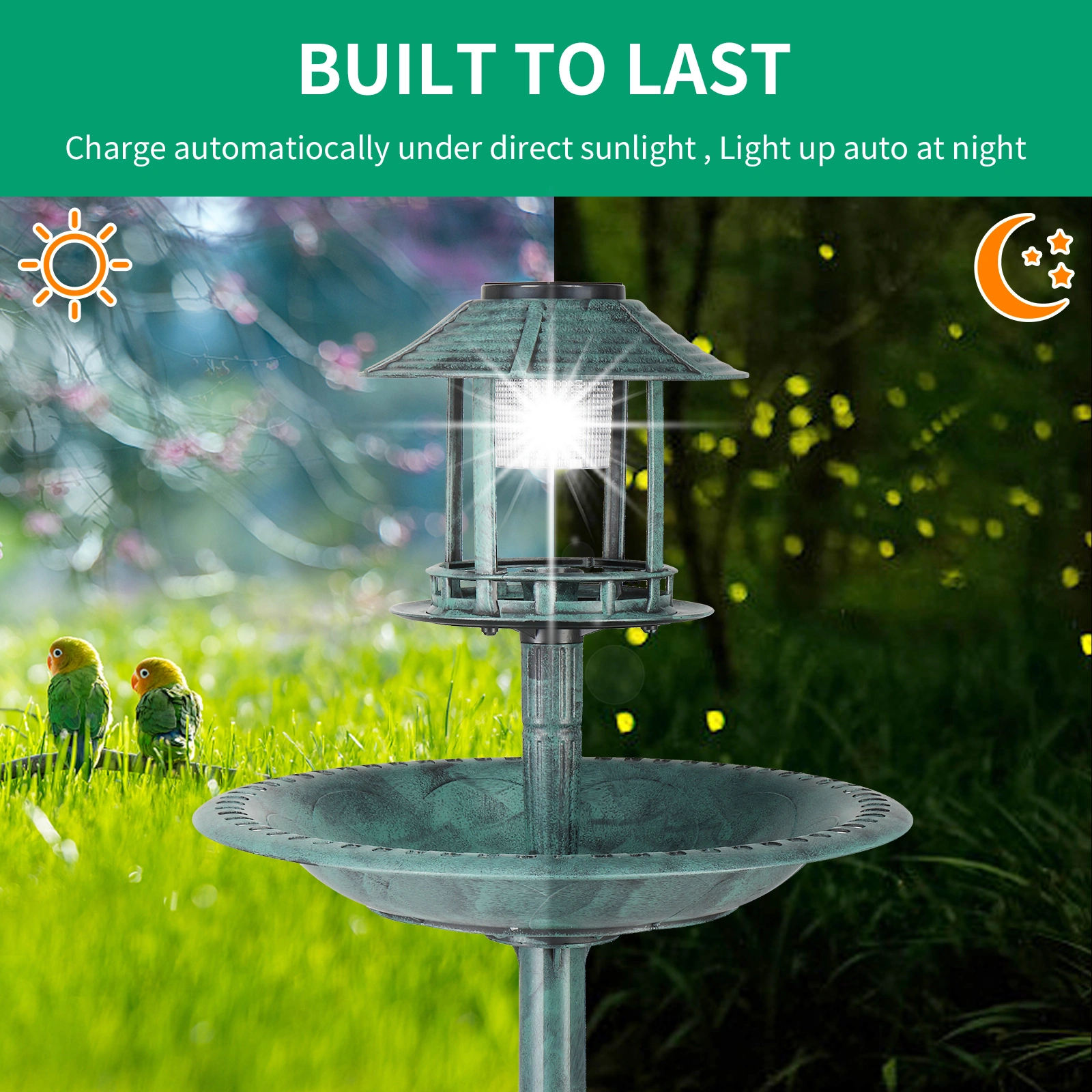 51*51*106cm Round Plastic Birdbath with Solar Light, Dark Green Outdoor Garden Bird Bath Fountain view 18