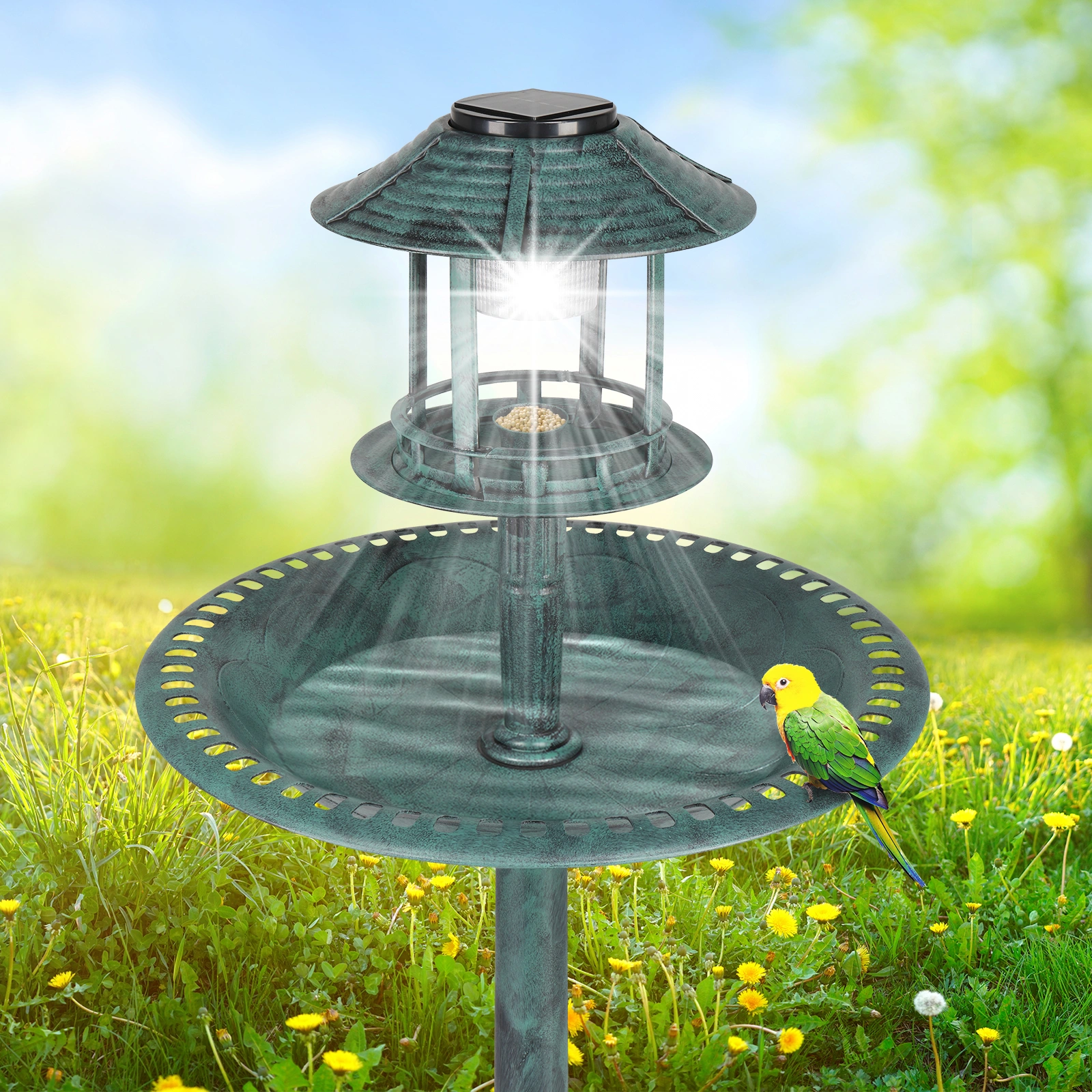 51*51*106cm Round Plastic Birdbath with Solar Light, Dark Green Outdoor Garden Bird Bath Fountain view 3