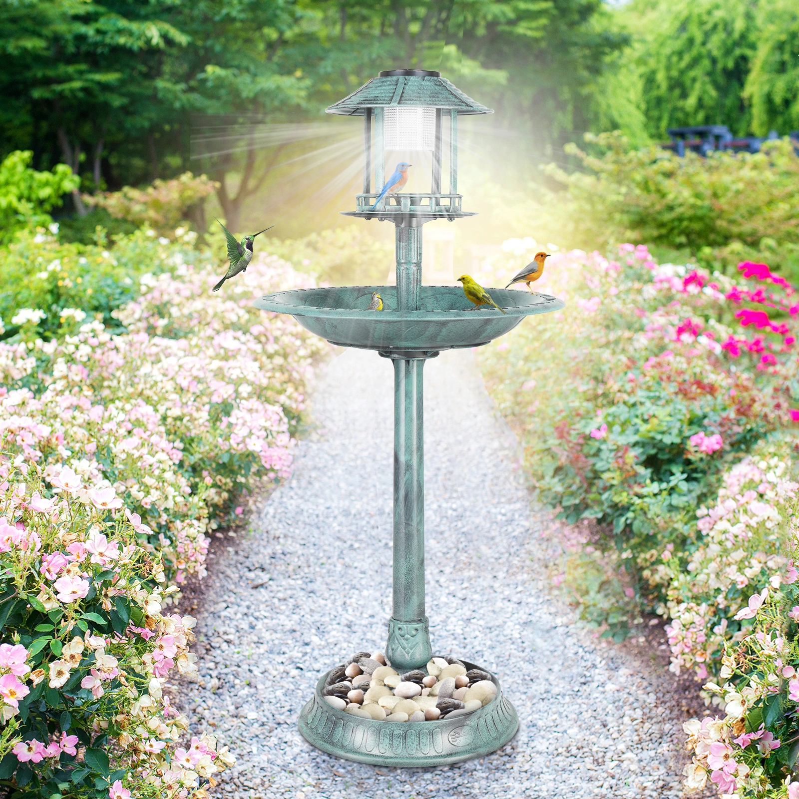 51*51*106cm Round Plastic Birdbath with Solar Light, Dark Green Outdoor Garden Bird Bath Fountain view 5