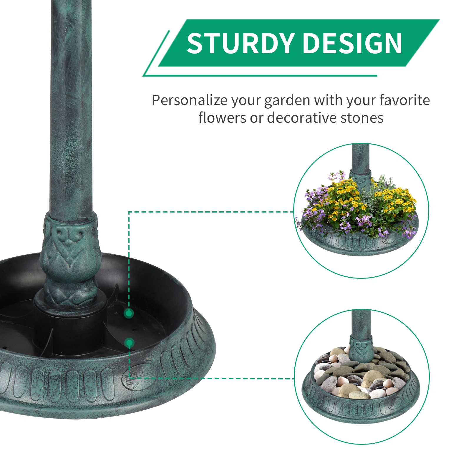 51*51*106cm Round Plastic Birdbath with Solar Light, Dark Green Outdoor Garden Bird Bath Fountain view 6