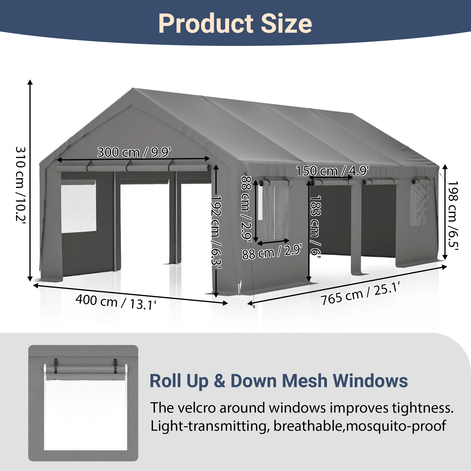 13x25 FT Carport Outdoor Garage with Roll Up Mesh Windows, Waterproof UV Resistant PE Tarp Steel Frame Cover for Car SUV Truck Boat Party Market view 2