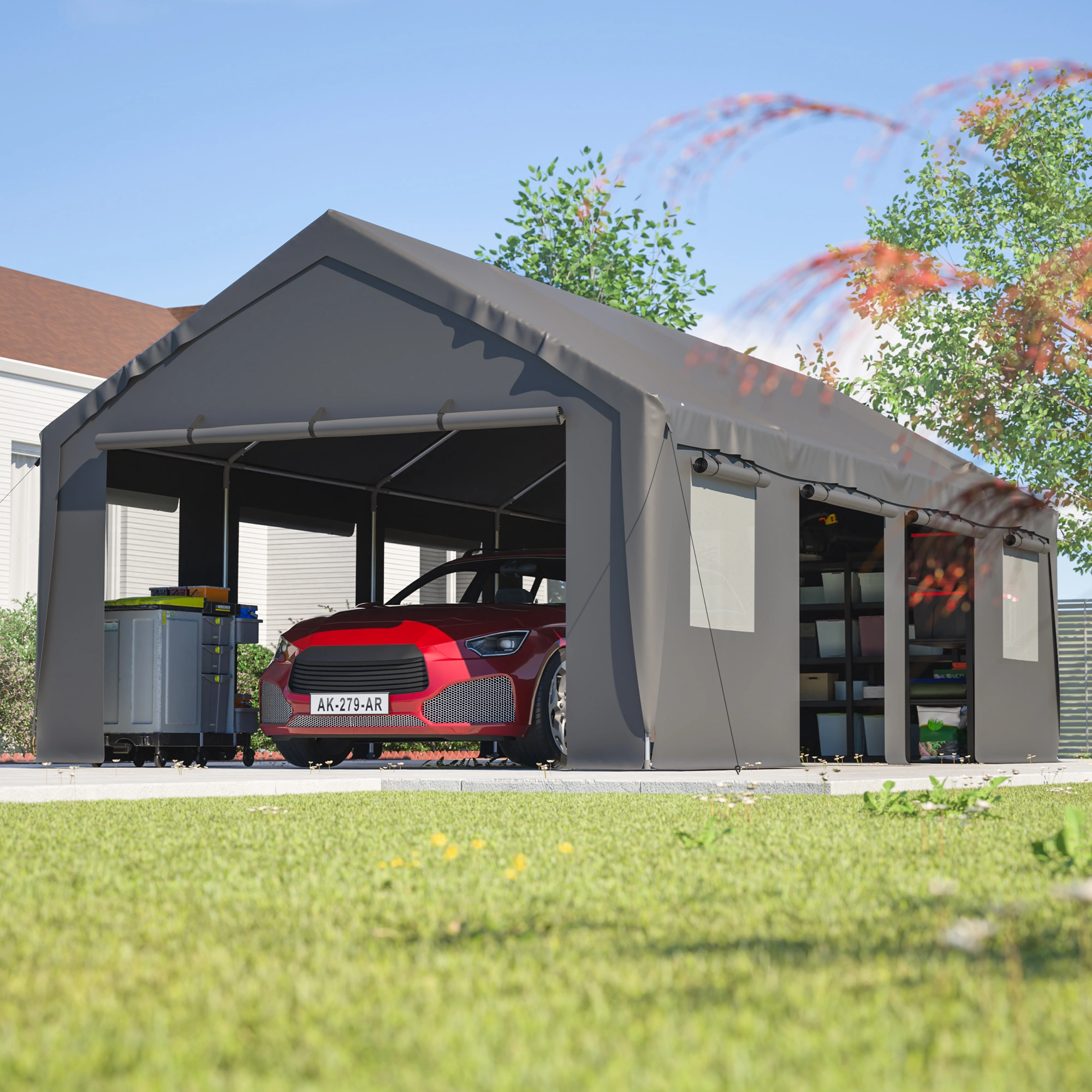 13x25 FT Carport Outdoor Garage with Roll Up Mesh Windows, Waterproof UV Resistant PE Tarp Steel Frame Cover for Car SUV Truck Boat Party Market view 4