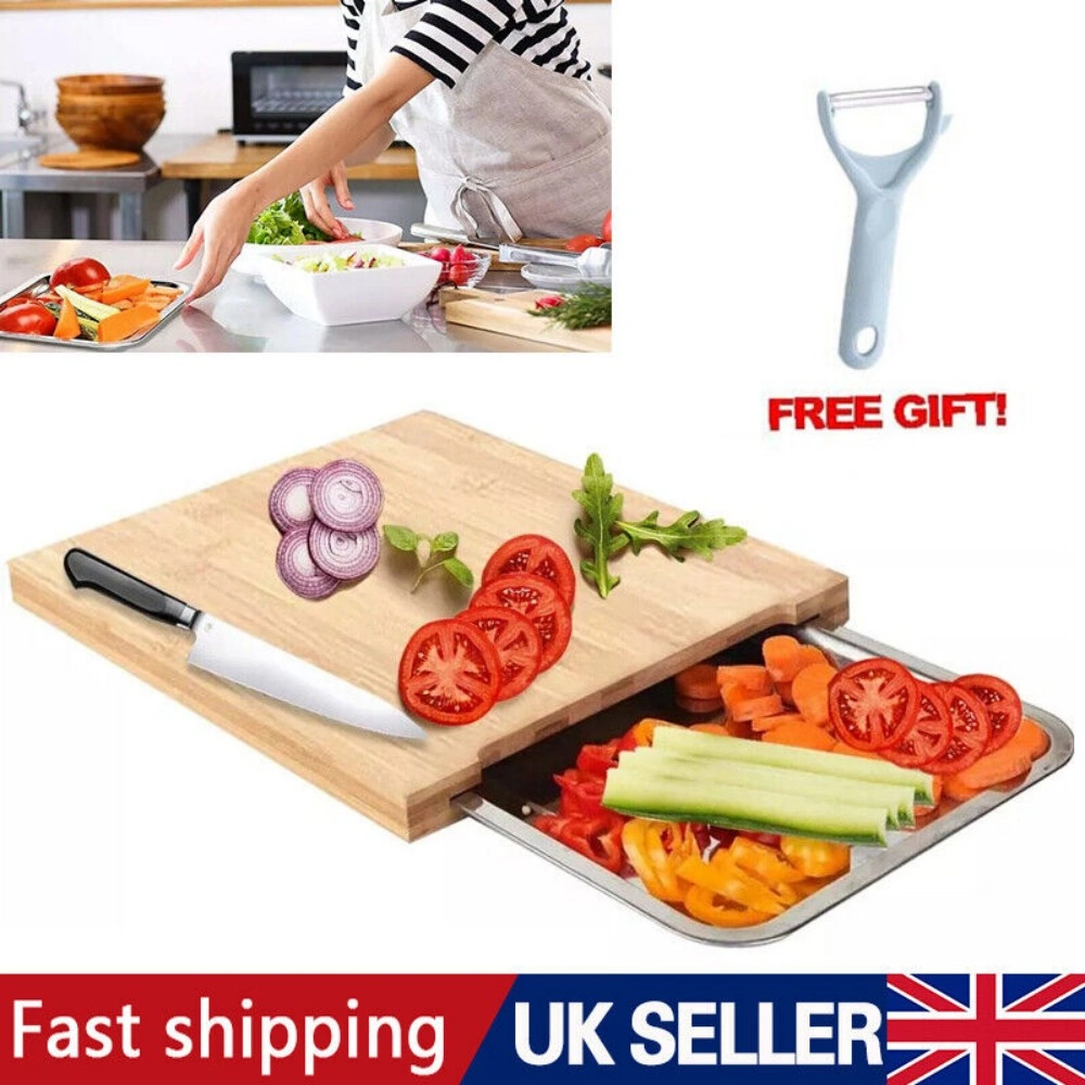 Bamboo Cutting Board with Sliding Stainless Steel Tray - Wooden Chopping Board for Slicing & Serving Kitchen Prep