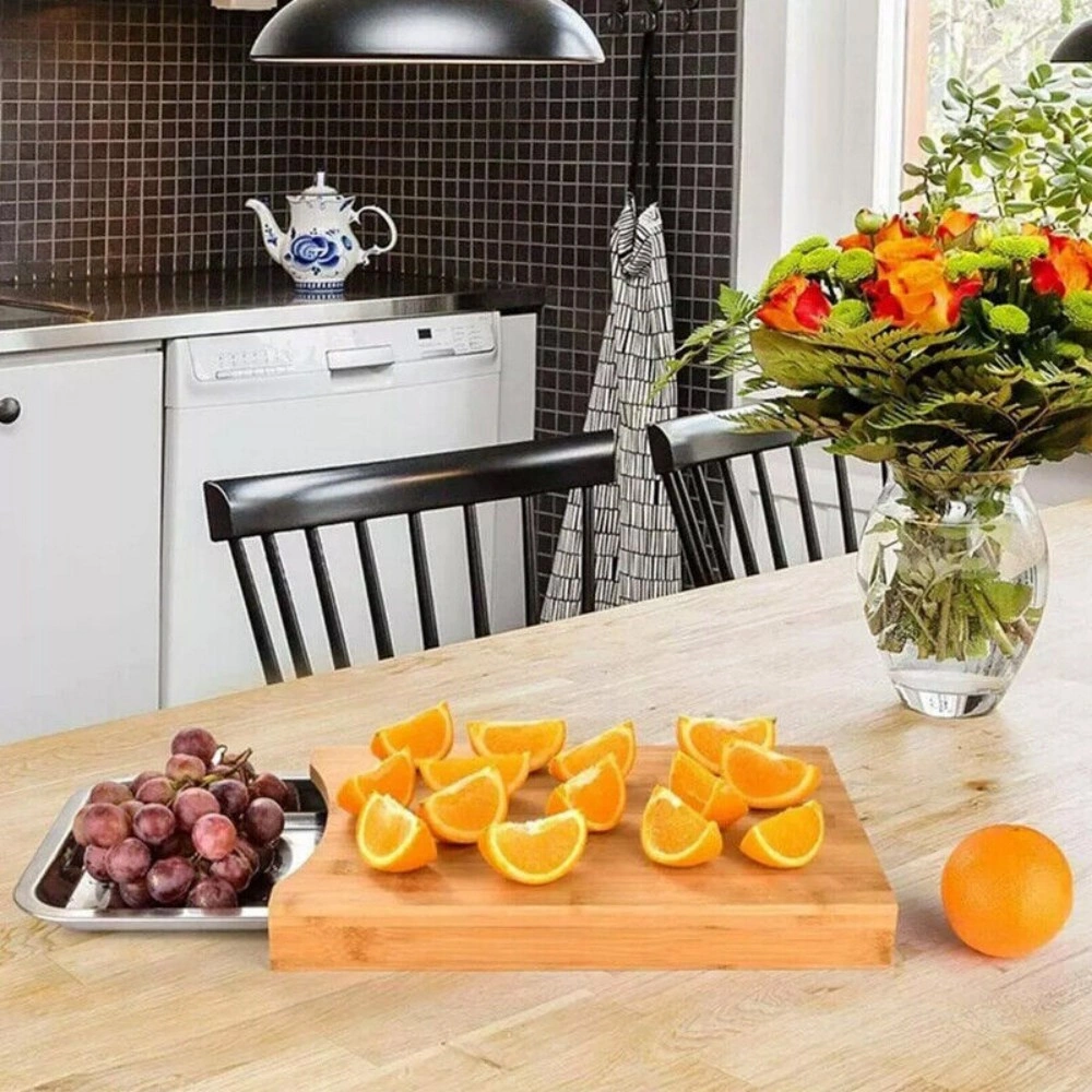Bamboo Cutting Board with Sliding Stainless Steel Tray - Wooden Chopping Board for Slicing & Serving Kitchen Prep view 3