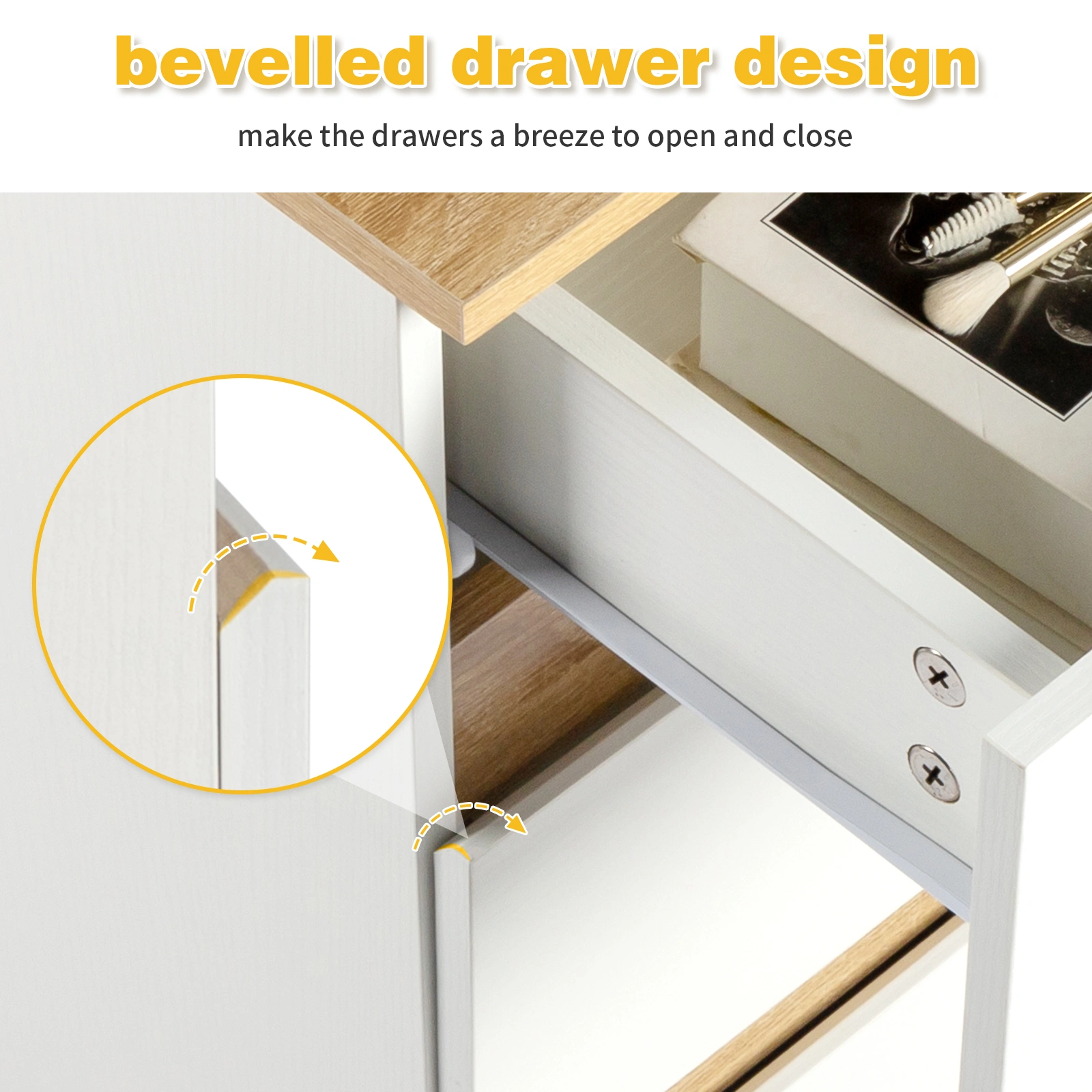 White & Oak E1 Particleboard 3-Drawer Bedside Table, 12mm Embossed Melamine, Handle-Free Nightstand, 38x32x56cm, 1PC