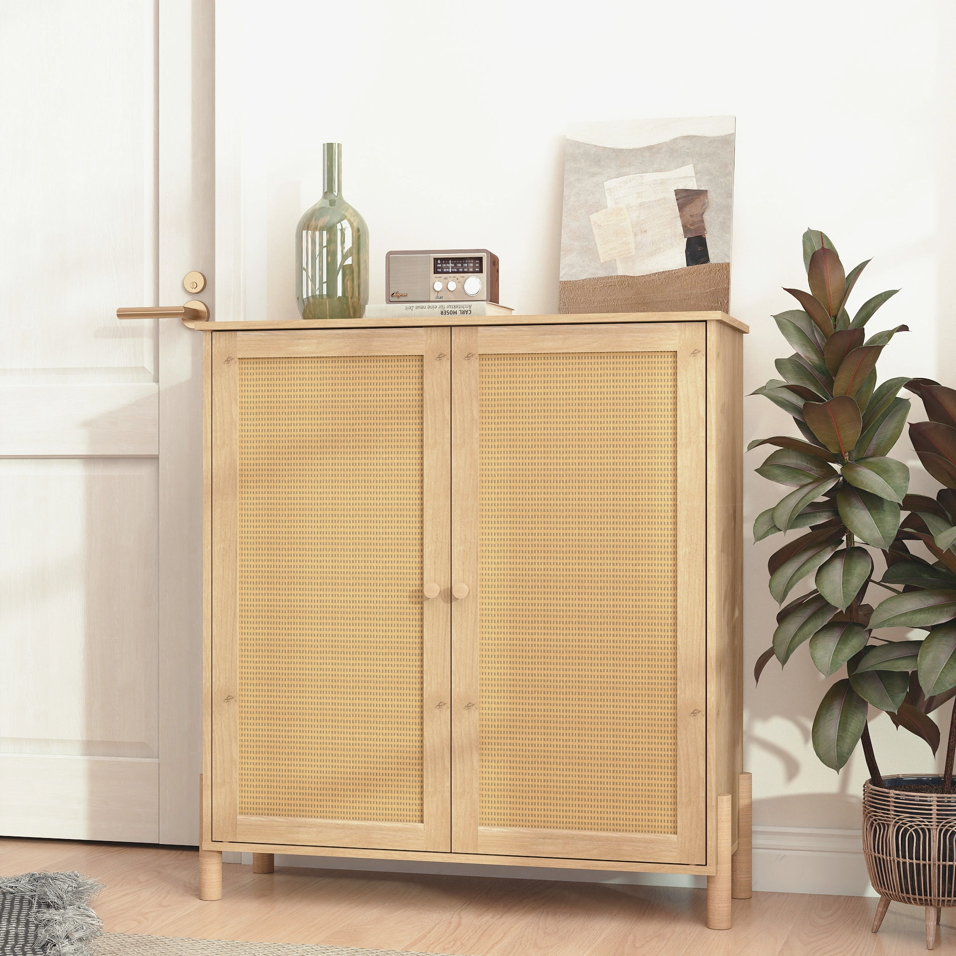 Mid-Century Modern Storage Cabinet Woven Rattan Doors Adjustable Shelves Entertaining Center Living Room Dining Room Cream White view 11