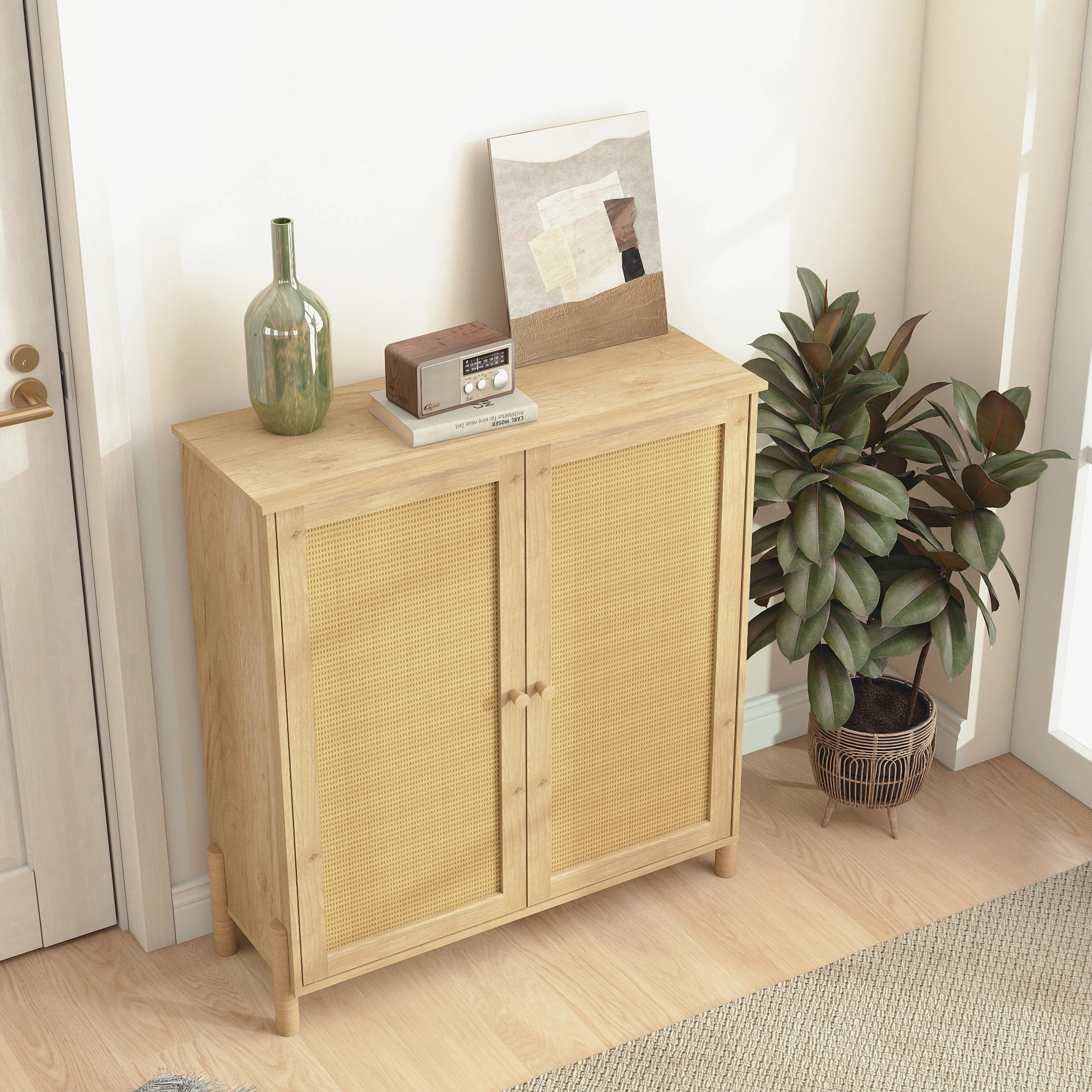 Mid-Century Modern Storage Cabinet Woven Rattan Doors Adjustable Shelves Entertaining Center Living Room Dining Room Cream White view 3