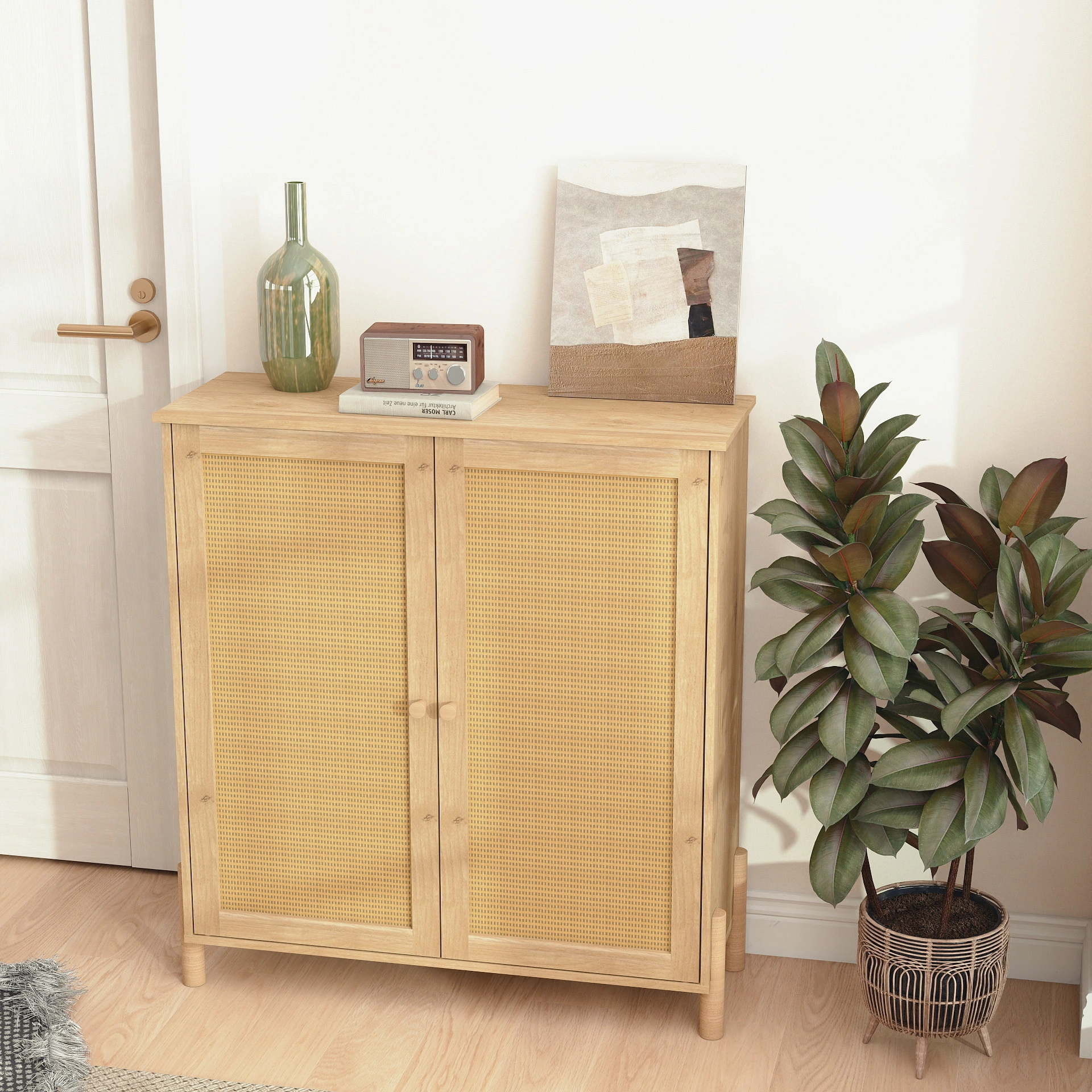 Mid-Century Modern Storage Cabinet Woven Rattan Doors Adjustable Shelves Entertaining Center Living Room Dining Room Cream White view 4