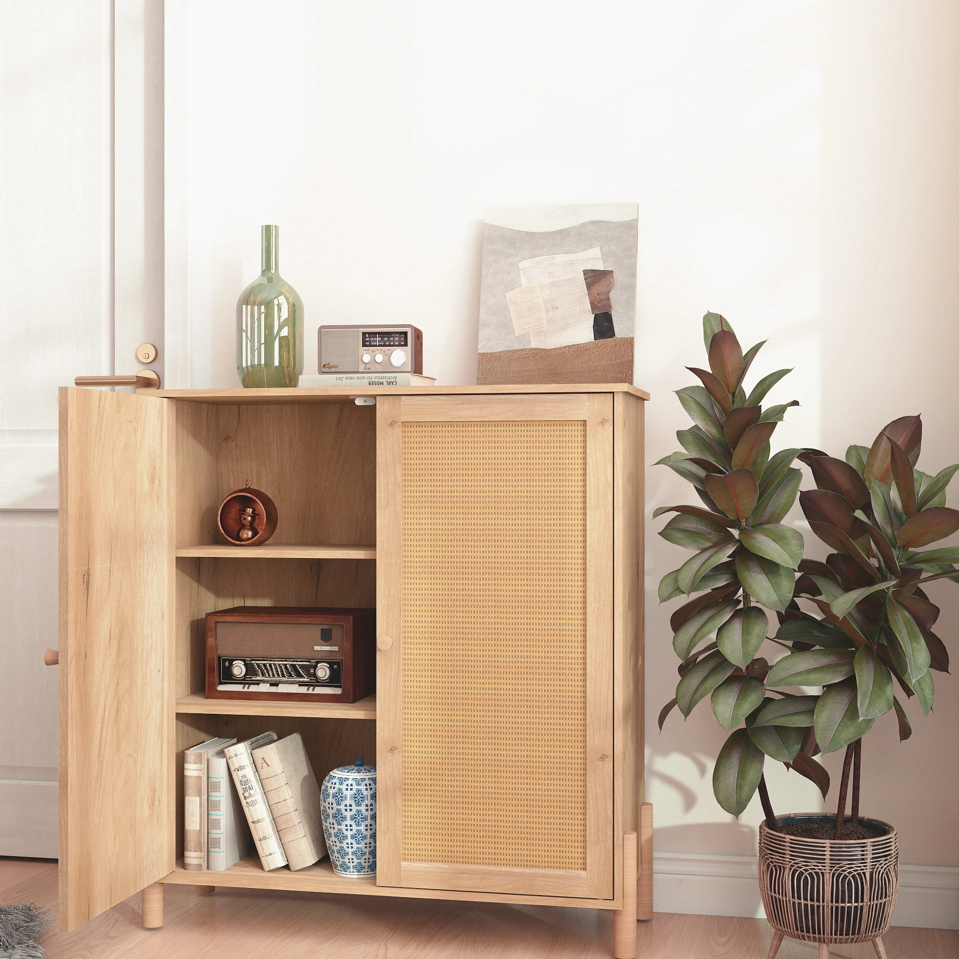 Mid-Century Modern Storage Cabinet Woven Rattan Doors Adjustable Shelves Entertaining Center Living Room Dining Room Cream White view 7