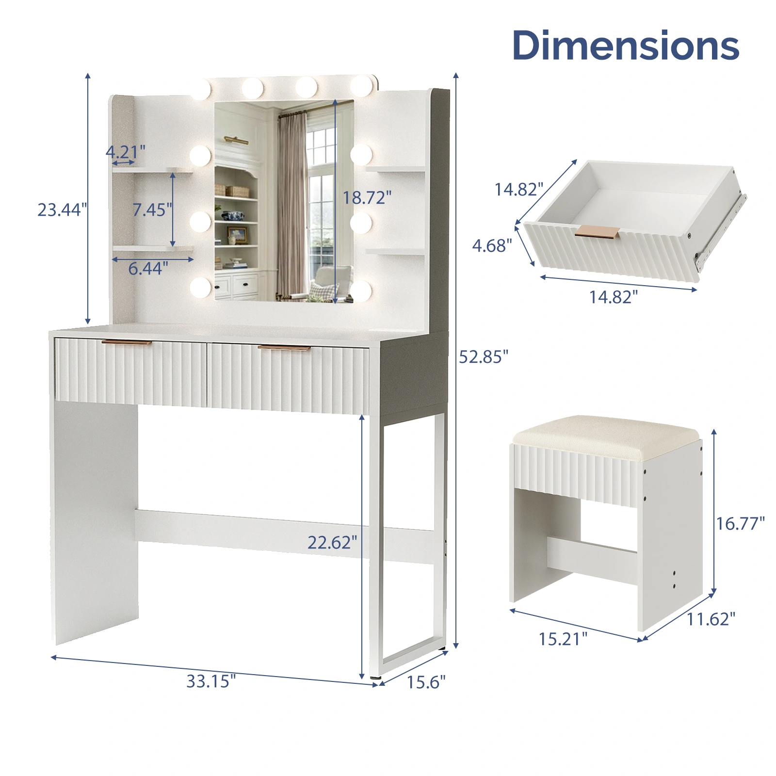 White particleboard with a melamine finish, 2 drawers, 4 shelves, a dressing table set with 10 three-tone light bulbs, a power strip, and a grille. view 5