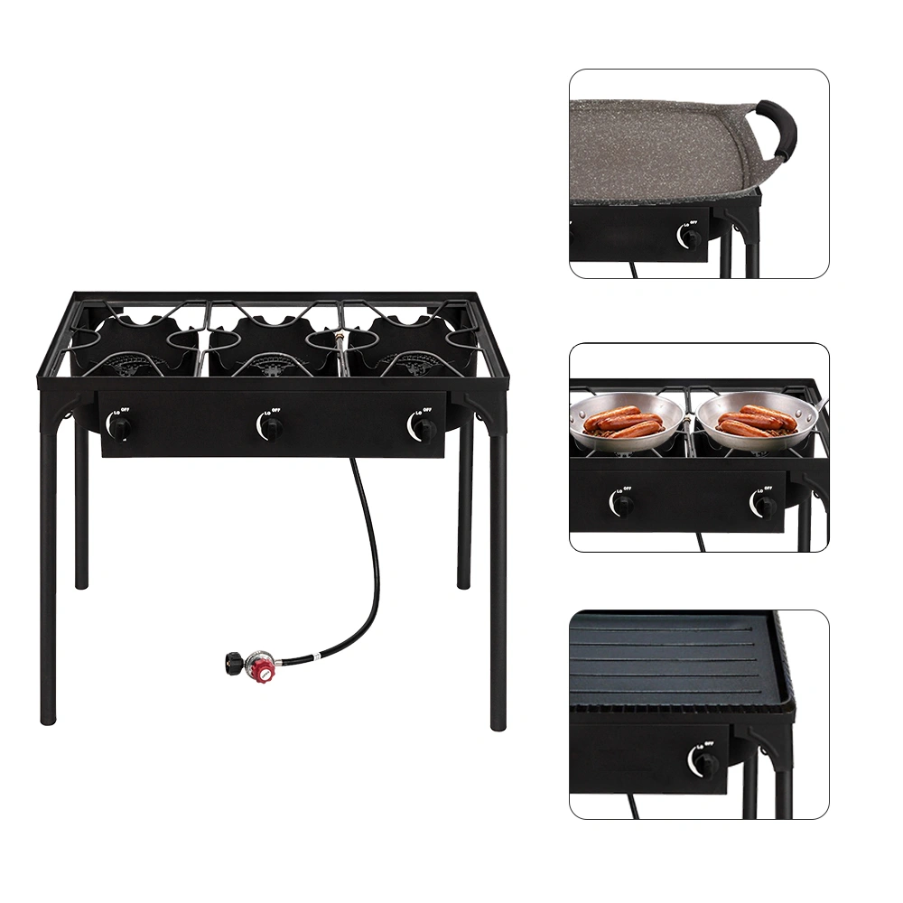 Outdoor Camp Stove High Pressure Propane Gas Cooker Portable Cast Iron Patio Cooking Burner (Three Burner 225000-BTU) view 9