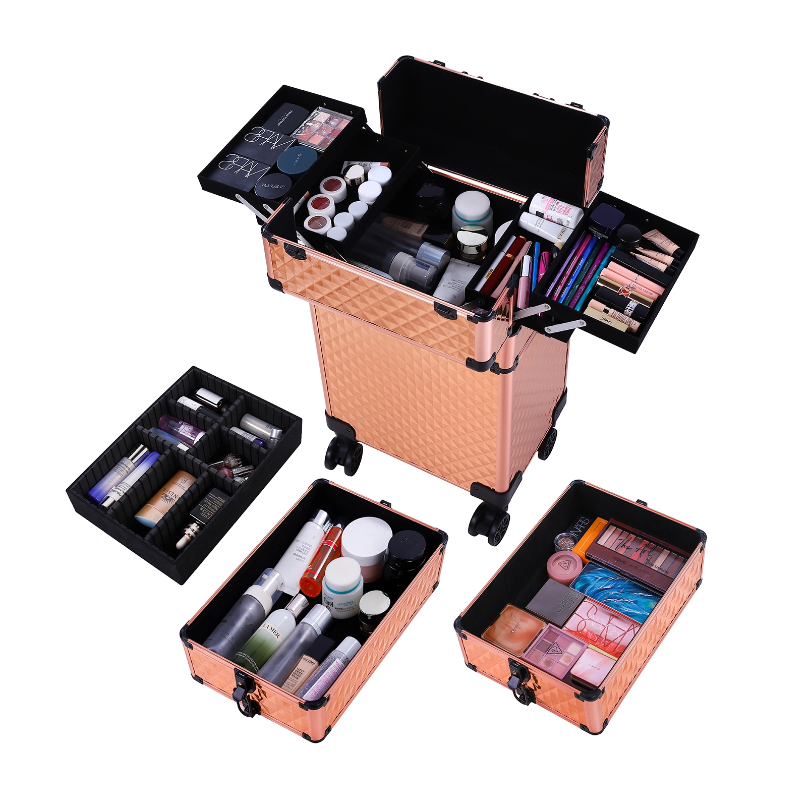 4-in-1 Draw-bar Style Interchangeable Aluminum Rolling Makeup Case-Rose Gold view 12