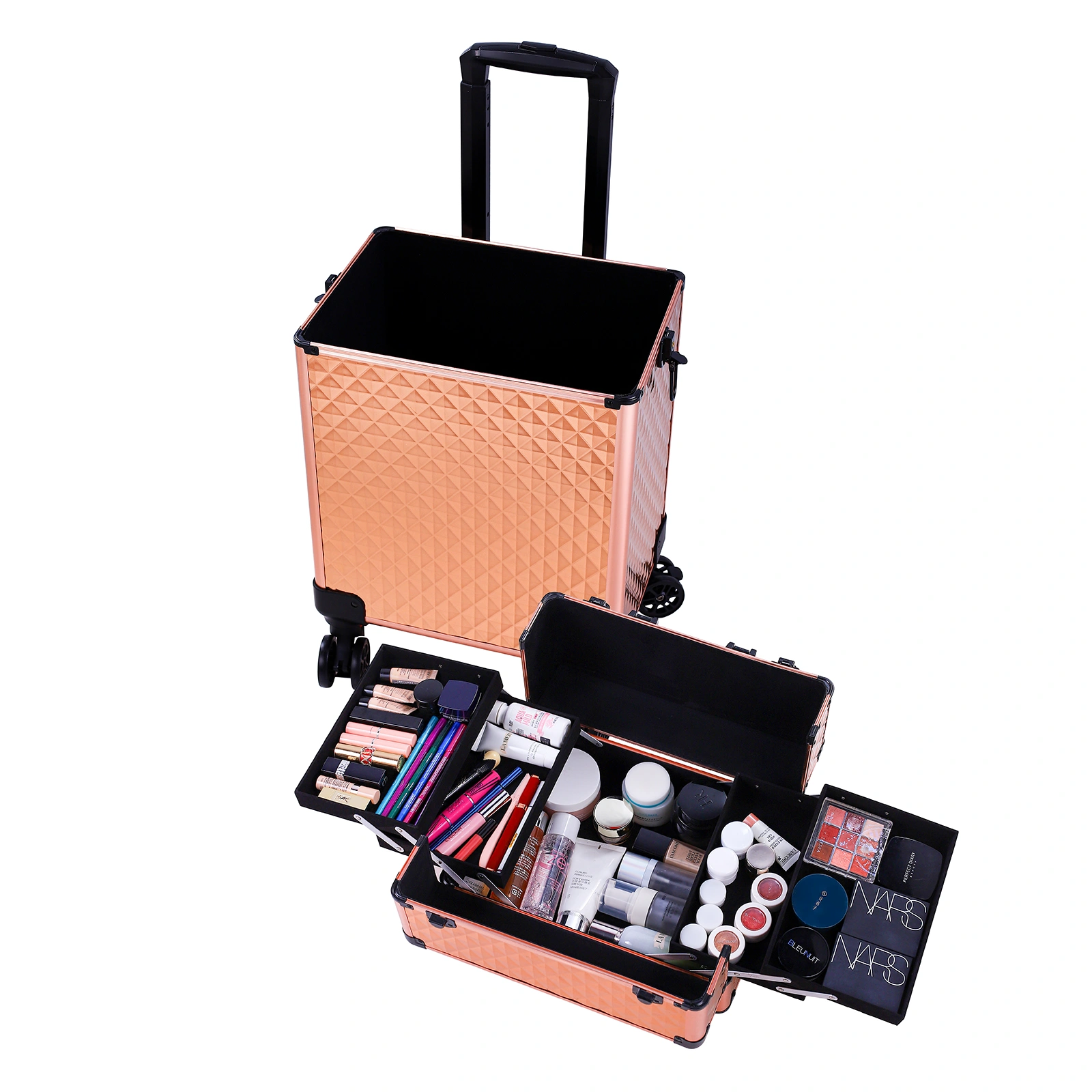 4-in-1 Draw-bar Style Interchangeable Aluminum Rolling Makeup Case-Rose Gold view 13