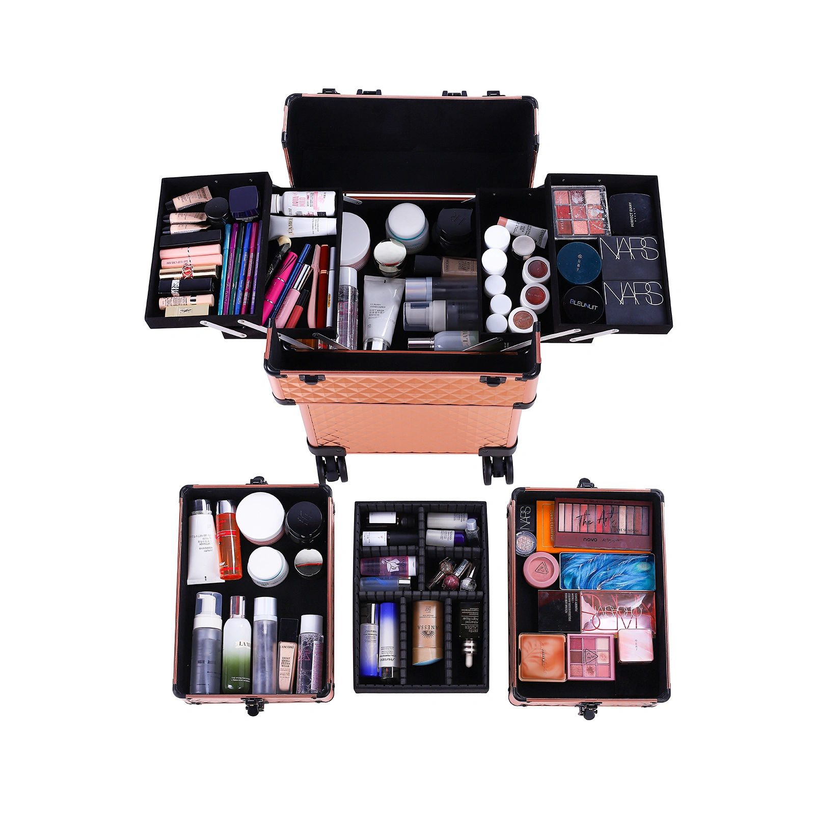 4-in-1 Draw-bar Style Interchangeable Aluminum Rolling Makeup Case-Rose Gold view 15