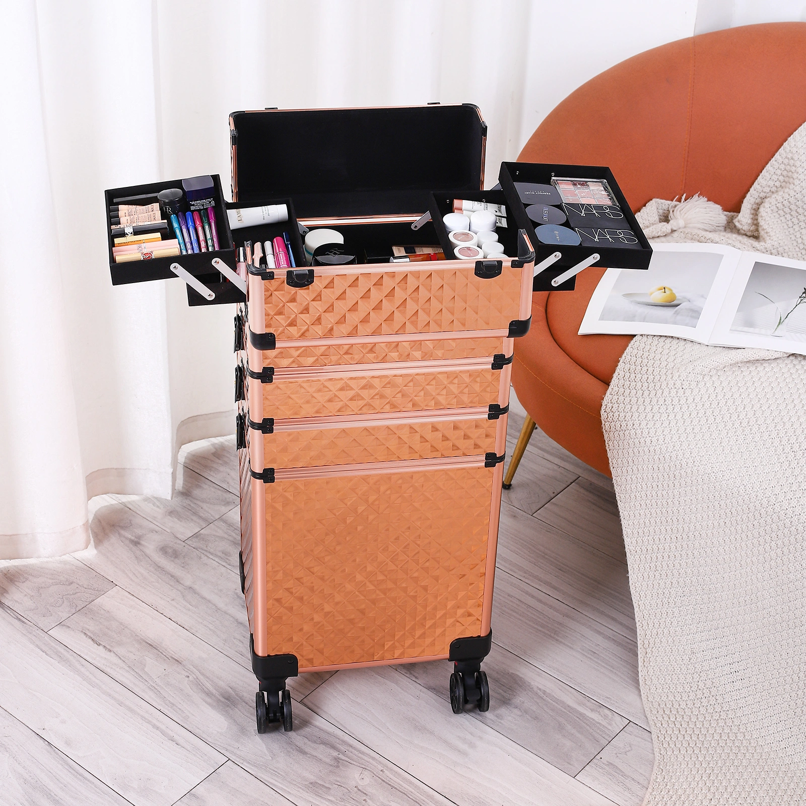 4-in-1 Draw-bar Style Interchangeable Aluminum Rolling Makeup Case-Rose Gold view 18