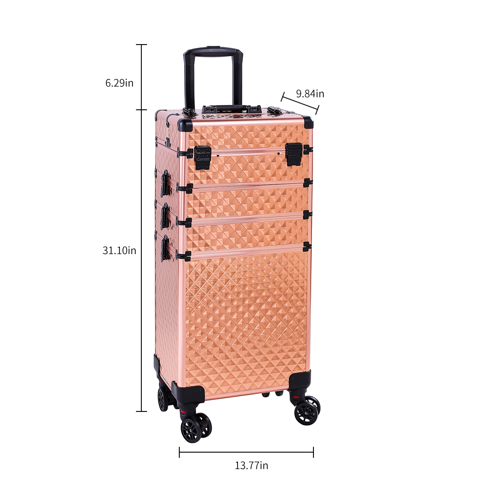 4-in-1 Draw-bar Style Interchangeable Aluminum Rolling Makeup Case-Rose Gold view 2