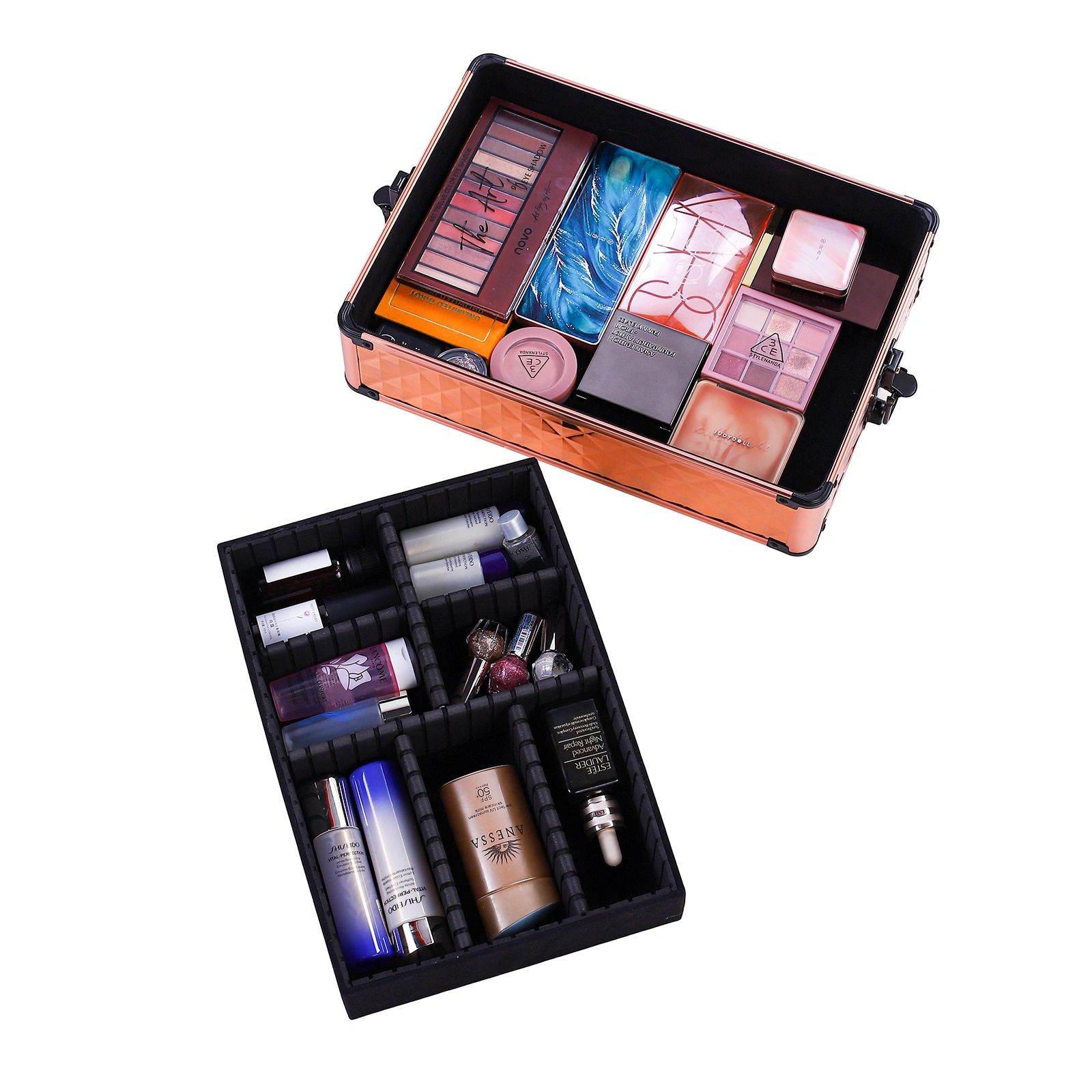 4-in-1 Draw-bar Style Interchangeable Aluminum Rolling Makeup Case-Rose Gold view 4