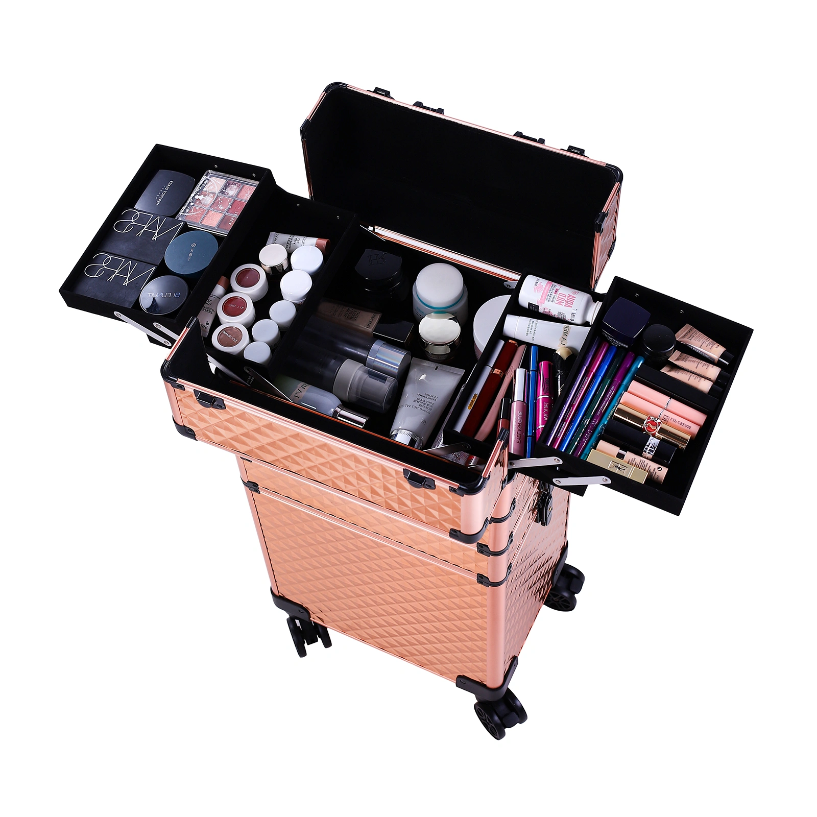 4-in-1 Draw-bar Style Interchangeable Aluminum Rolling Makeup Case-Rose Gold view 7