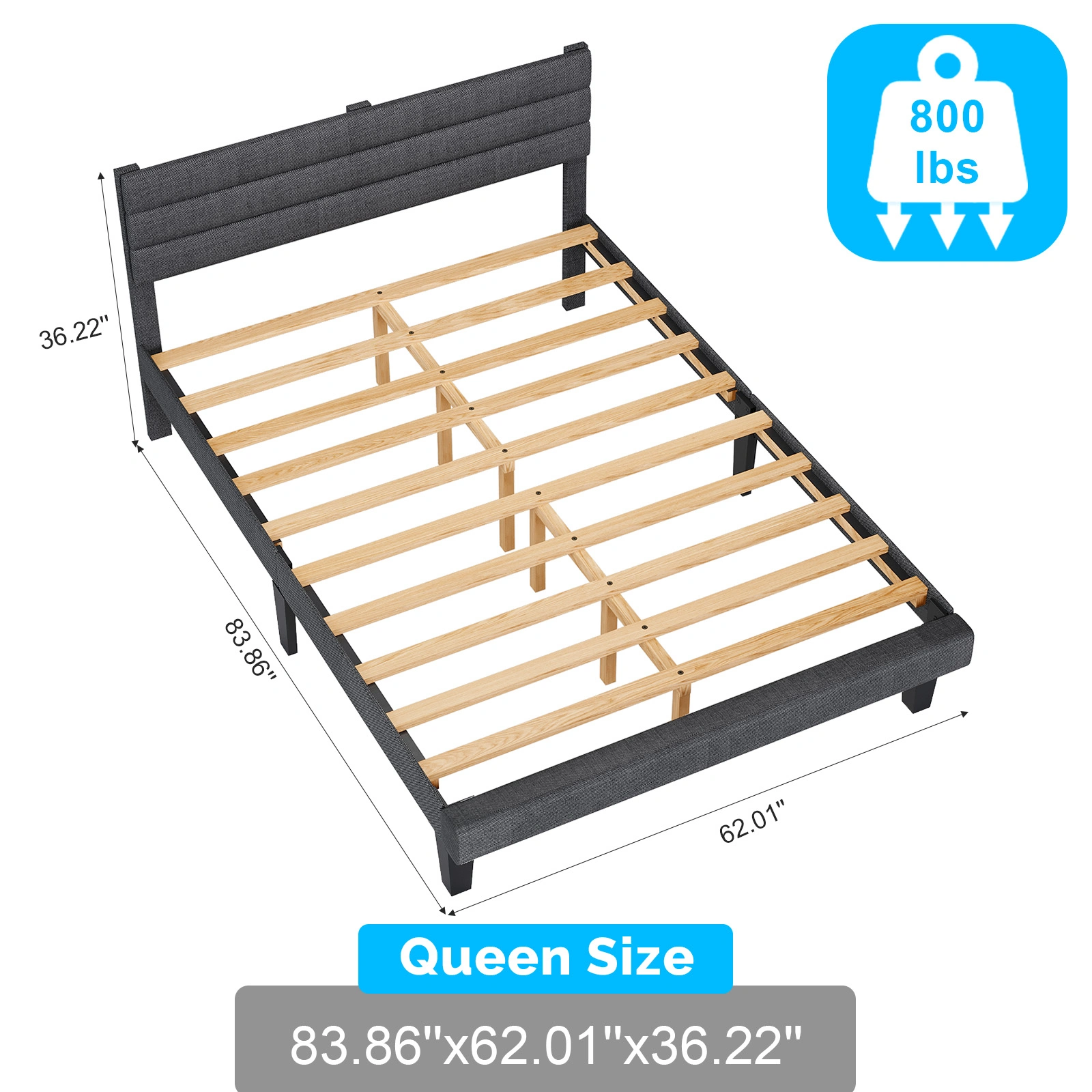 Dark Gray Queen Size Tufted Platform Bed Frame - Linen-Like Upholstery, Horizontal Stripe Headboard view 4
