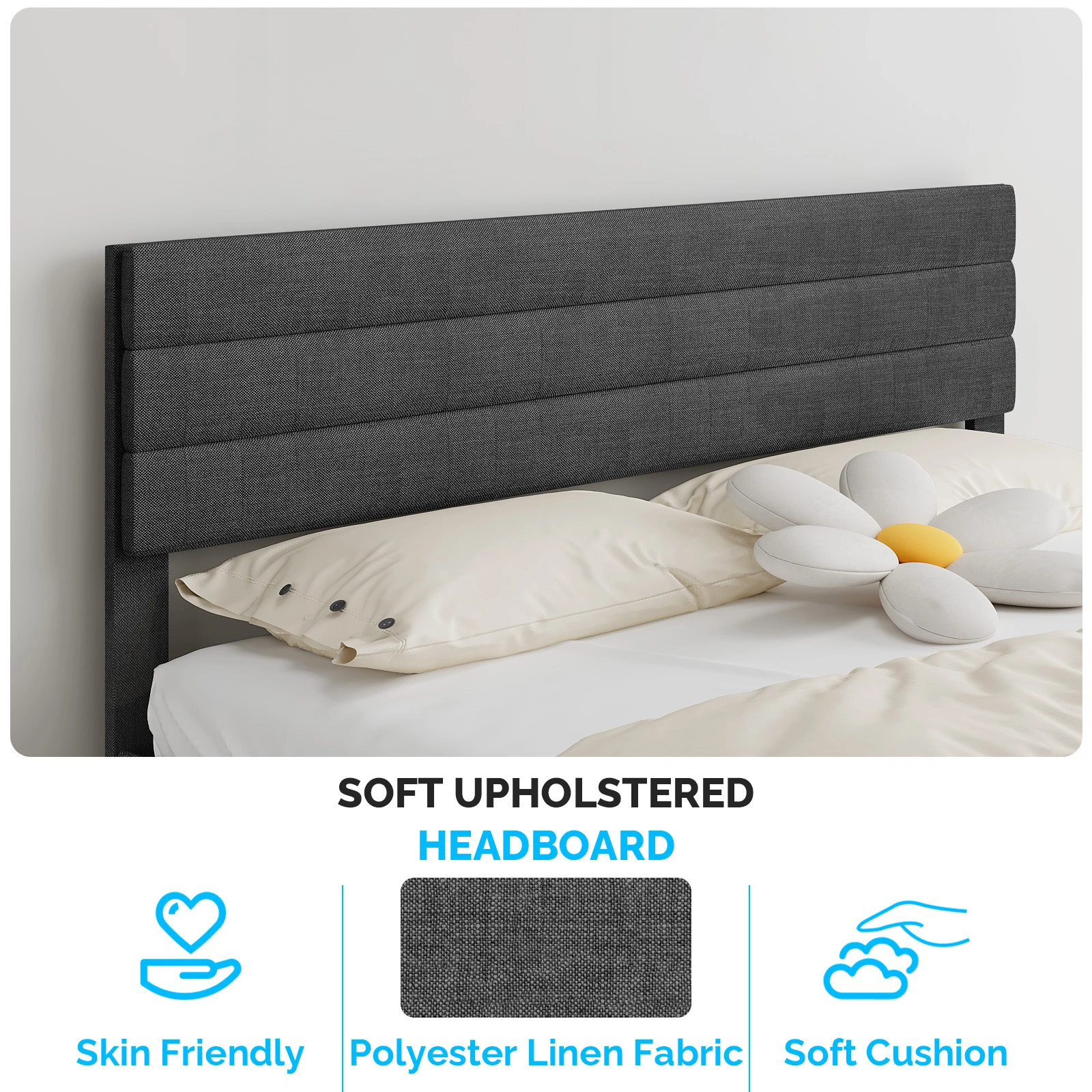Dark Gray Queen Size Tufted Platform Bed Frame - Linen-Like Upholstery, Horizontal Stripe Headboard view 7