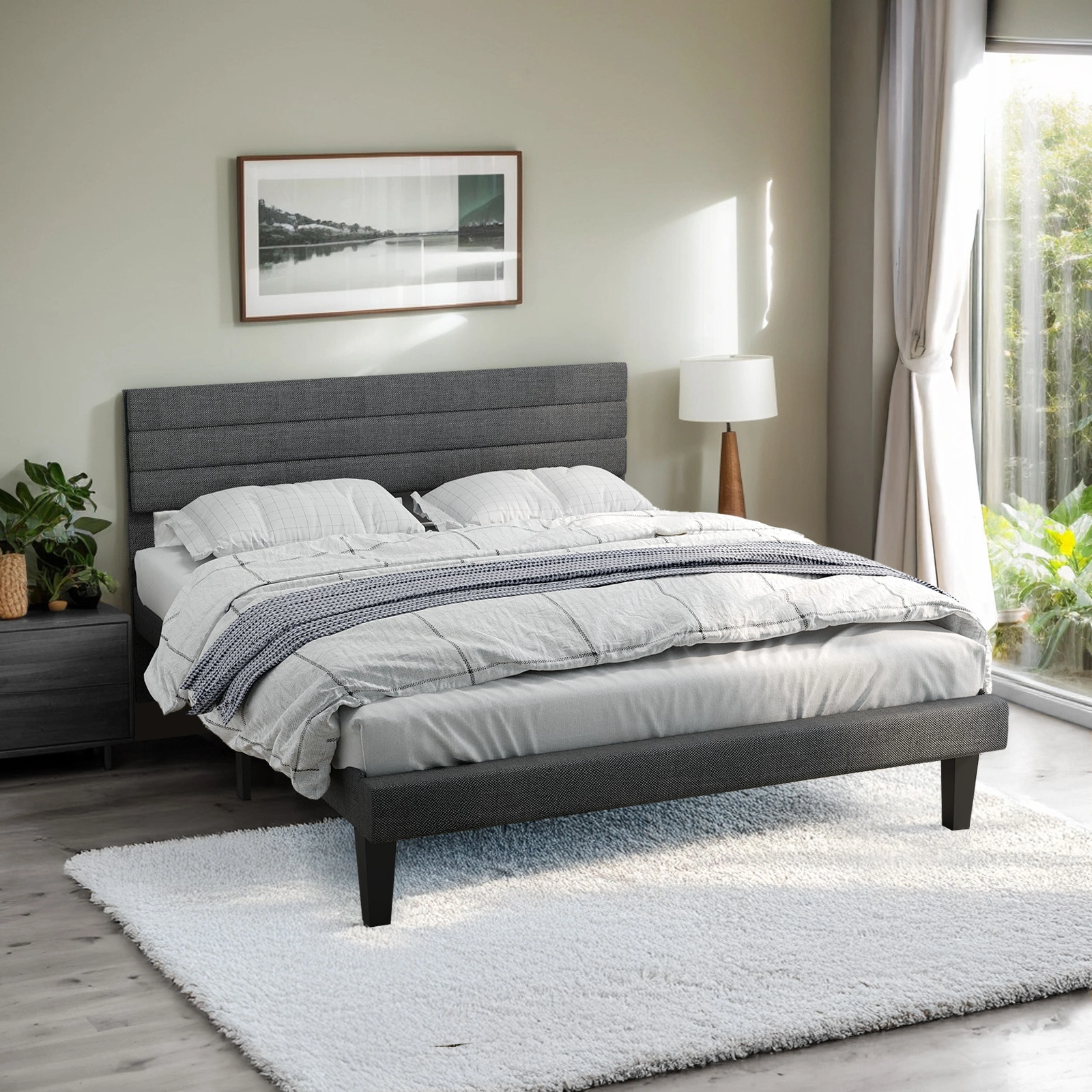 Dark Gray Queen Size Tufted Platform Bed Frame - Linen-Like Upholstery, Horizontal Stripe Headboard view 8