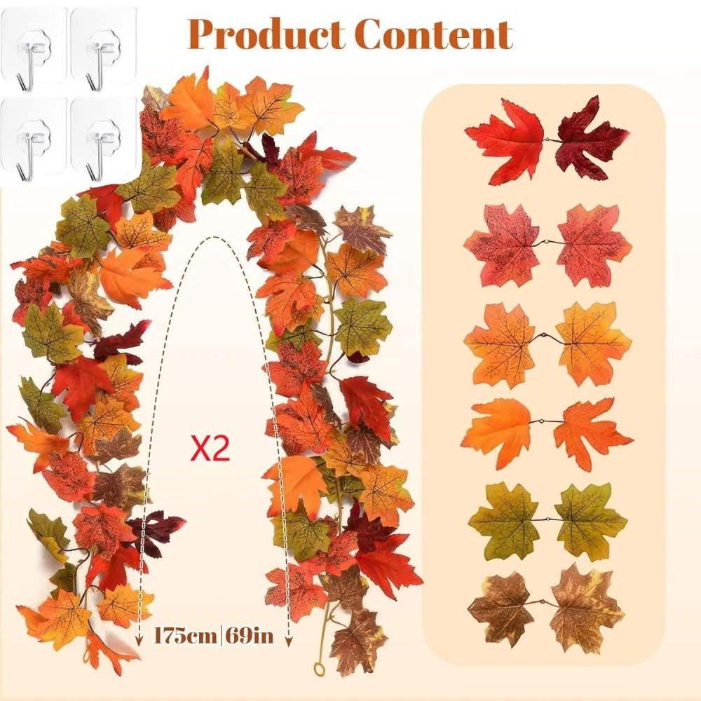 6FT Autumn Maple Leaves Wreath Garland - Halloween Christmas Faux Fall Leaves Hanging Decoration