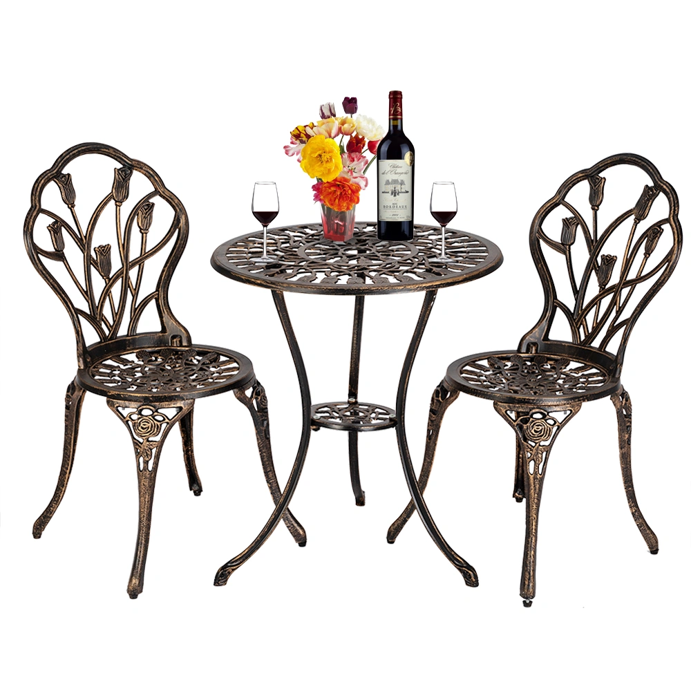 European Style Cast Aluminum Outdoor 3 Piece Bistro Set Tulip Table & Chairs Bronze