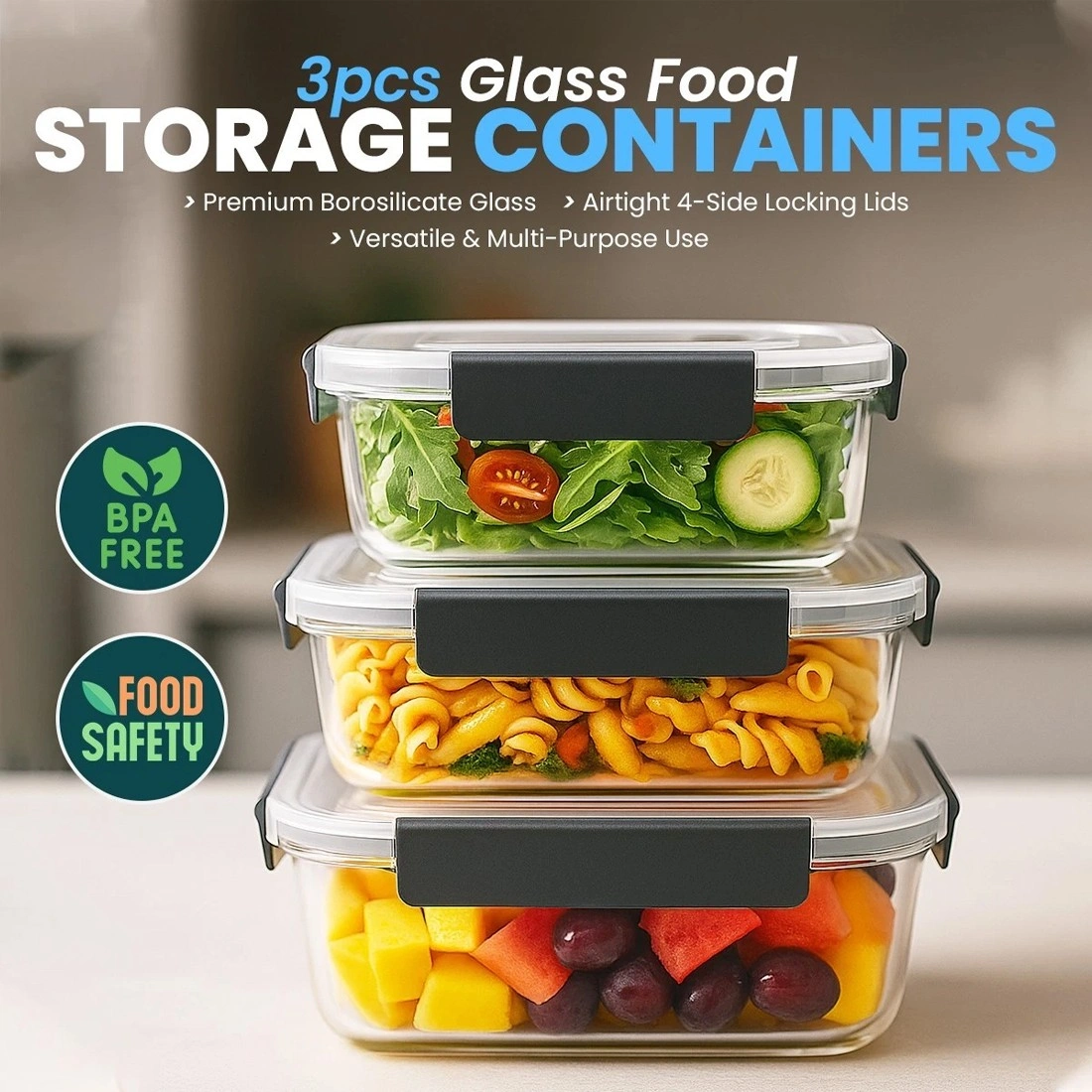 3 Pack Borosilicate Glass Food Storage Containers with Lids - Meal Prep Jar Set