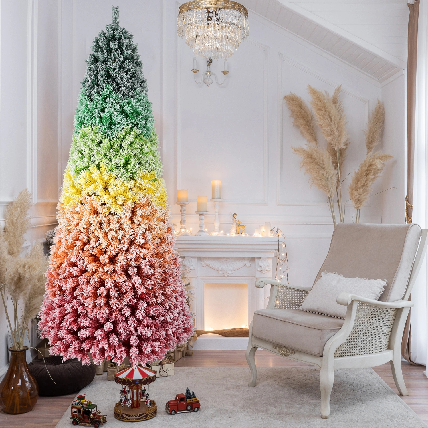 6ft Rainbow Gradient Flocked Christmas Tree, 1326 Tips PVC Artificial Pine with Snowy Finish, Hinged Design & Sturdy Metal Stand for Holiday Decor