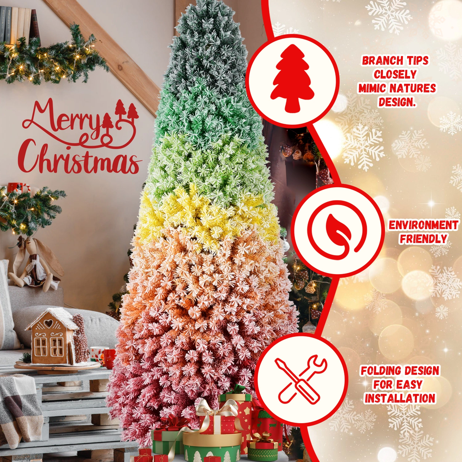 6ft Rainbow Gradient Flocked Christmas Tree, 1326 Tips PVC Artificial Pine with Snowy Finish, Hinged Design & Sturdy Metal Stand for Holiday Decor view 3