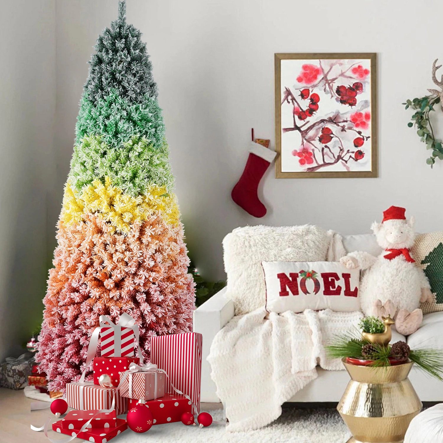 6ft Rainbow Gradient Flocked Christmas Tree, 1326 Tips PVC Artificial Pine with Snowy Finish, Hinged Design & Sturdy Metal Stand for Holiday Decor view 6