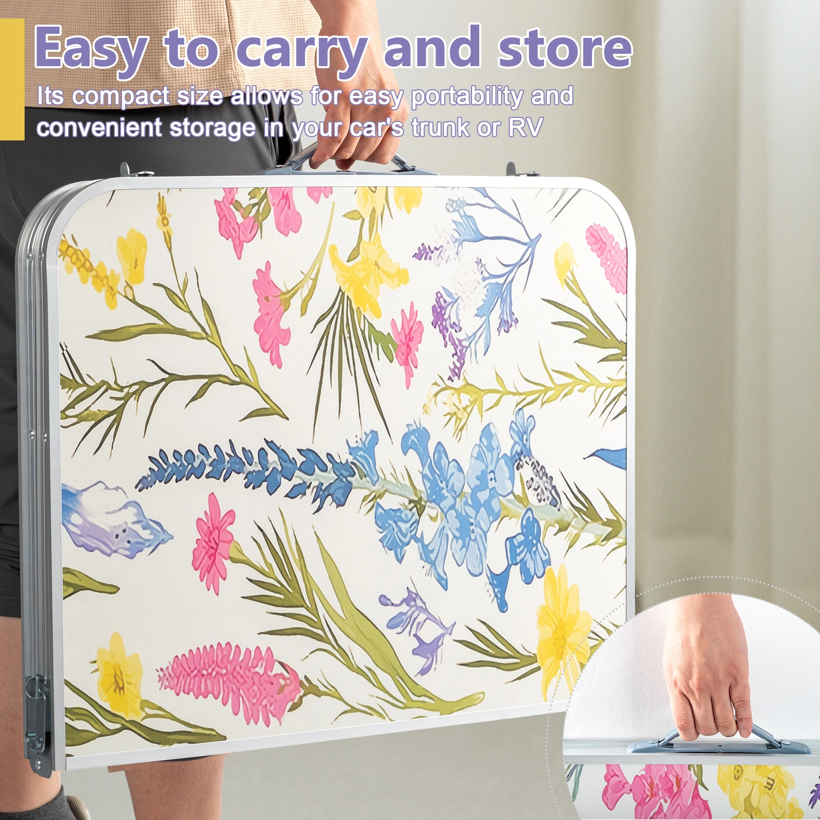 4 Ft Rectangular Folding Table, 23.82 in Width, 3-Level Adjustable Height, Aluminum Frame, 110 lbs Capacity, Floral Print, Outdoor Camping Picnic Party view 10