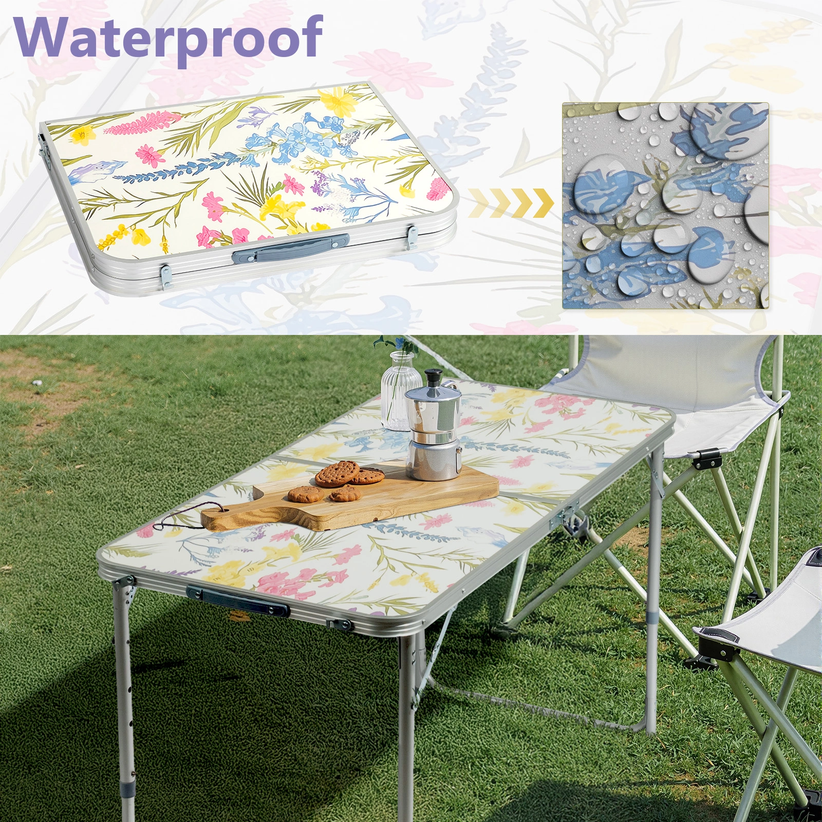 4 Ft Rectangular Folding Table, 23.82 in Width, 3-Level Adjustable Height, Aluminum Frame, 110 lbs Capacity, Floral Print, Outdoor Camping Picnic Party view 11