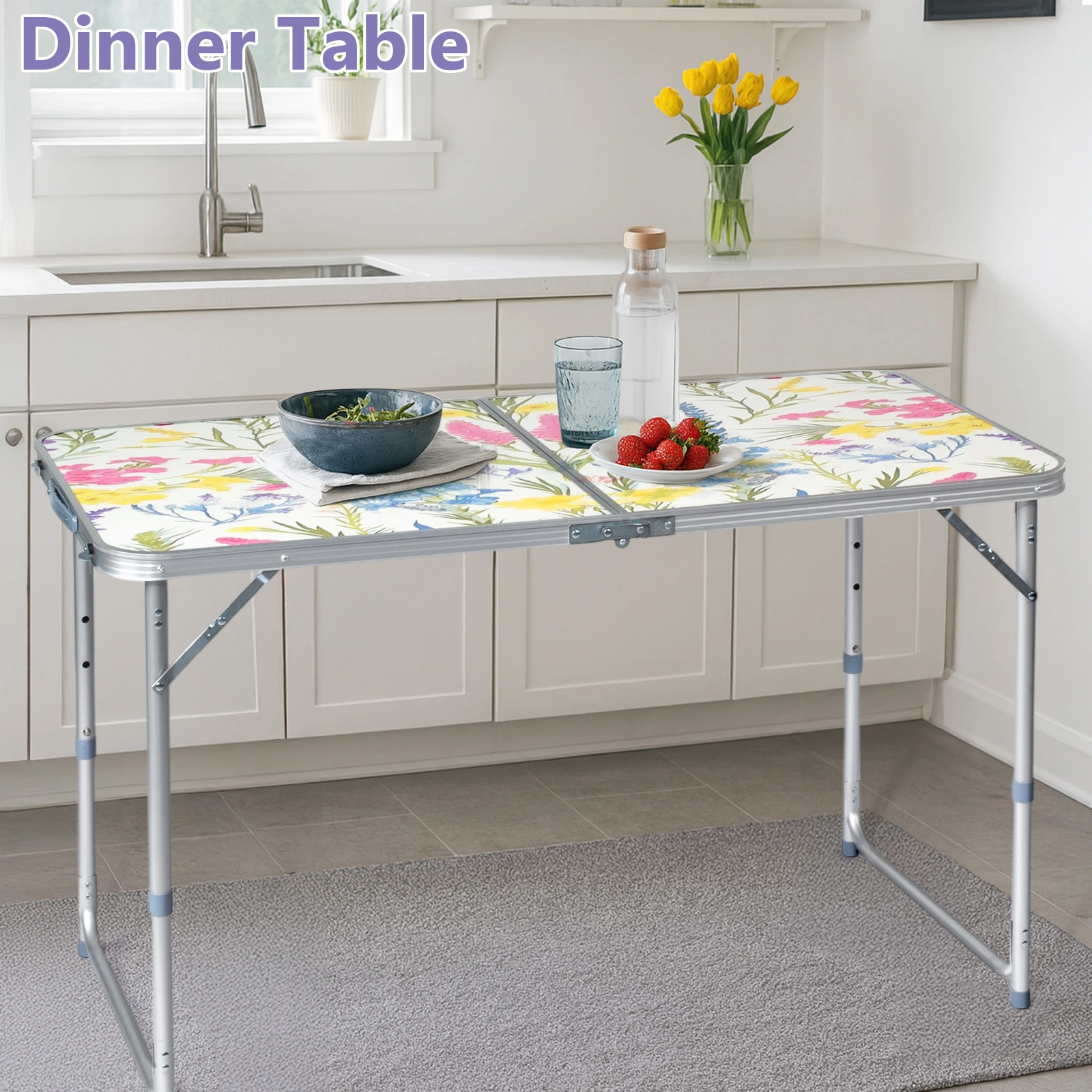 4 Ft Rectangular Folding Table, 23.82 in Width, 3-Level Adjustable Height, Aluminum Frame, 110 lbs Capacity, Floral Print, Outdoor Camping Picnic Party view 12
