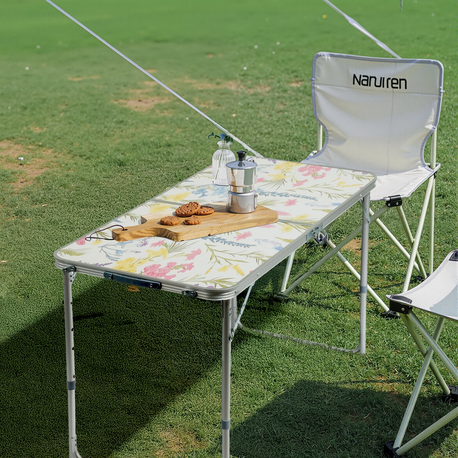4 Ft Rectangular Folding Table, 23.82 in Width, 3-Level Adjustable Height, Aluminum Frame, 110 lbs Capacity, Floral Print, Outdoor Camping Picnic Party view 16
