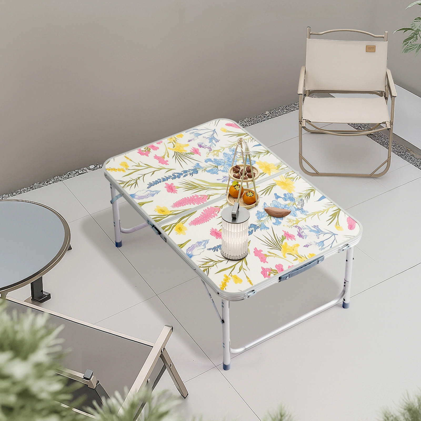 4 Ft Rectangular Folding Table, 23.82 in Width, 3-Level Adjustable Height, Aluminum Frame, 110 lbs Capacity, Floral Print, Outdoor Camping Picnic Party view 18