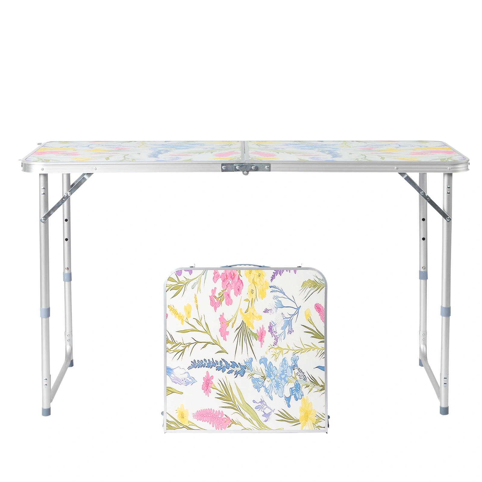 4 Ft Rectangular Folding Table, 23.82 in Width, 3-Level Adjustable Height, Aluminum Frame, 110 lbs Capacity, Floral Print, Outdoor Camping Picnic Party view 2