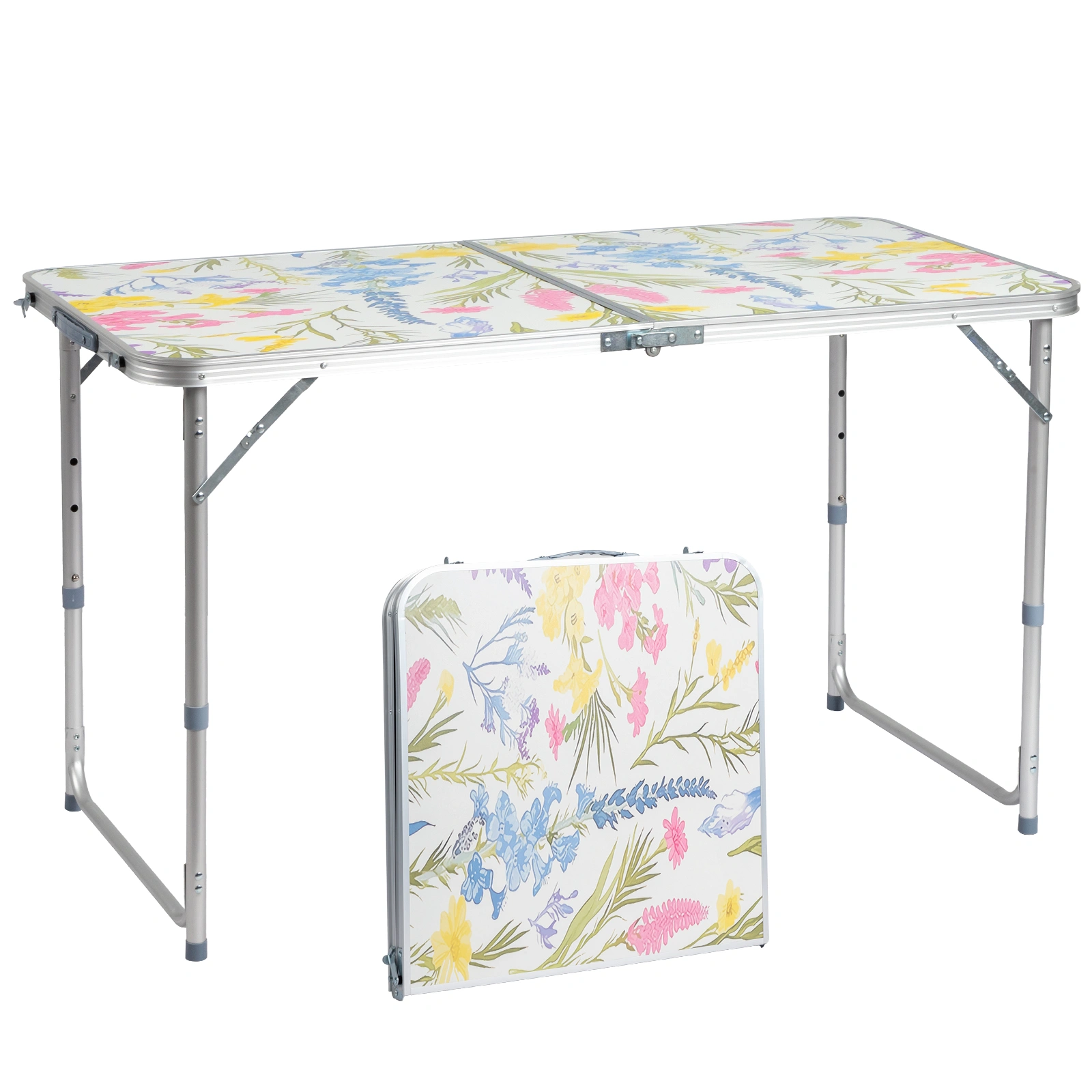 4 Ft Rectangular Folding Table, 23.82 in Width, 3-Level Adjustable Height, Aluminum Frame, 110 lbs Capacity, Floral Print, Outdoor Camping Picnic Party view 3