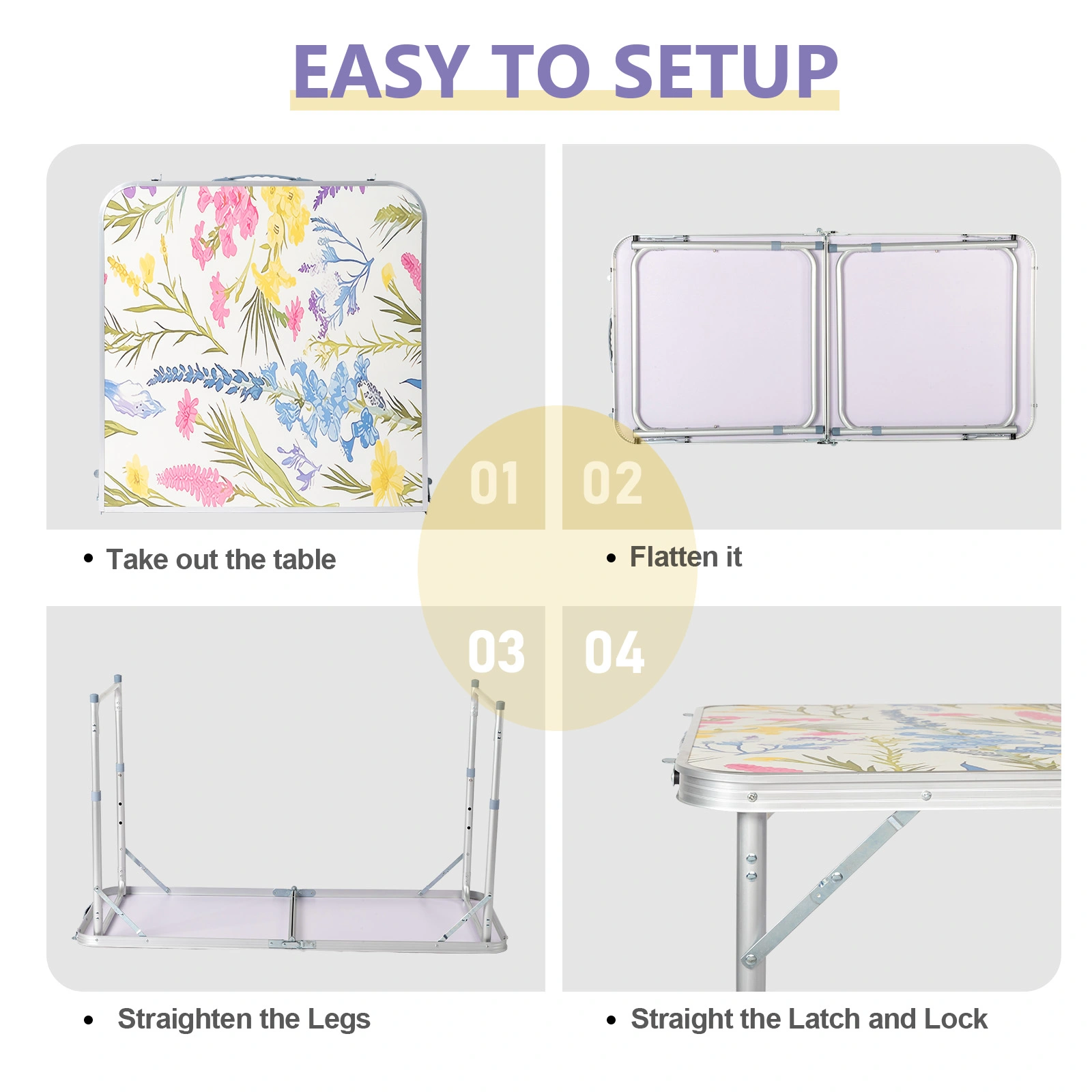 4 Ft Rectangular Folding Table, 23.82 in Width, 3-Level Adjustable Height, Aluminum Frame, 110 lbs Capacity, Floral Print, Outdoor Camping Picnic Party view 6