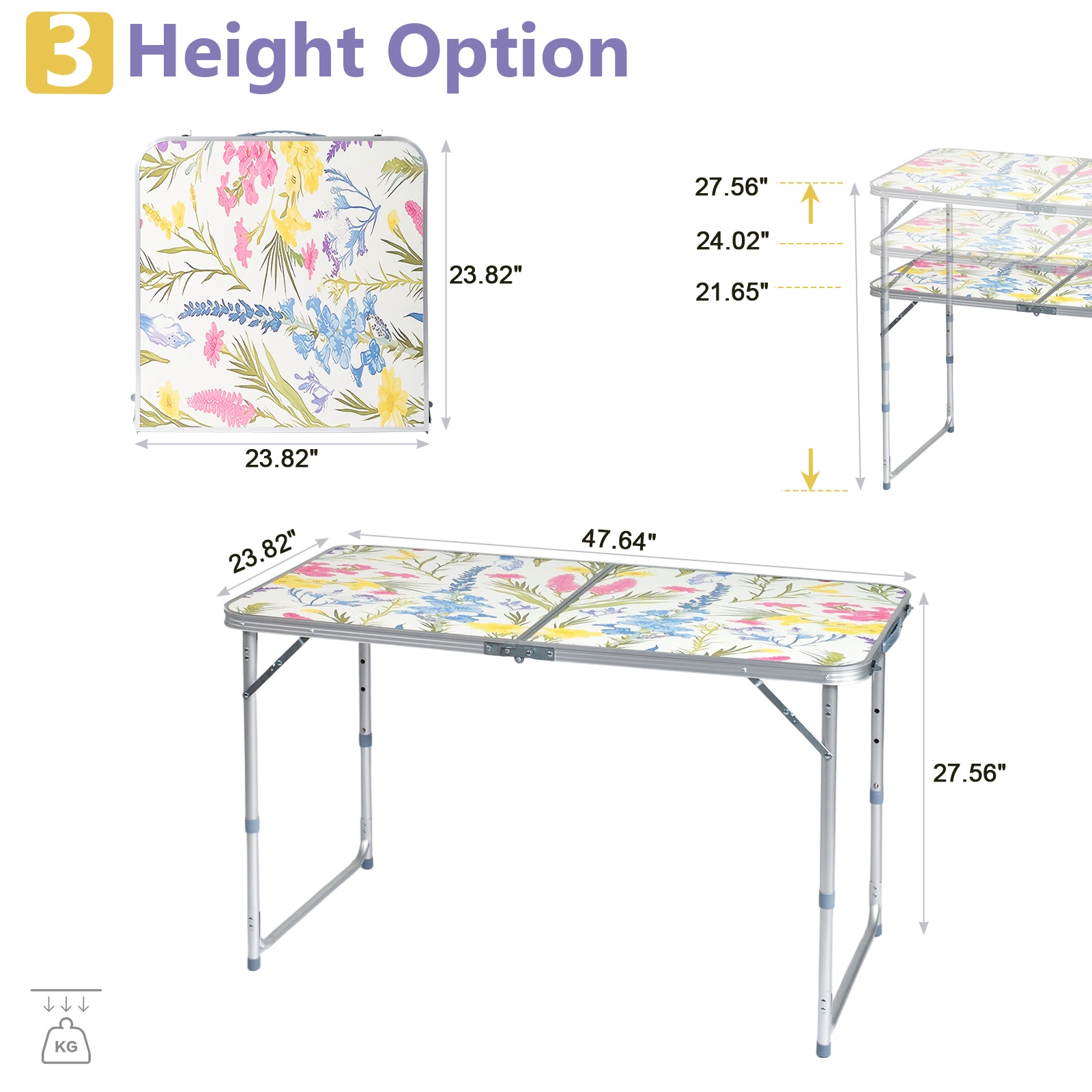 4 Ft Rectangular Folding Table, 23.82 in Width, 3-Level Adjustable Height, Aluminum Frame, 110 lbs Capacity, Floral Print, Outdoor Camping Picnic Party view 7