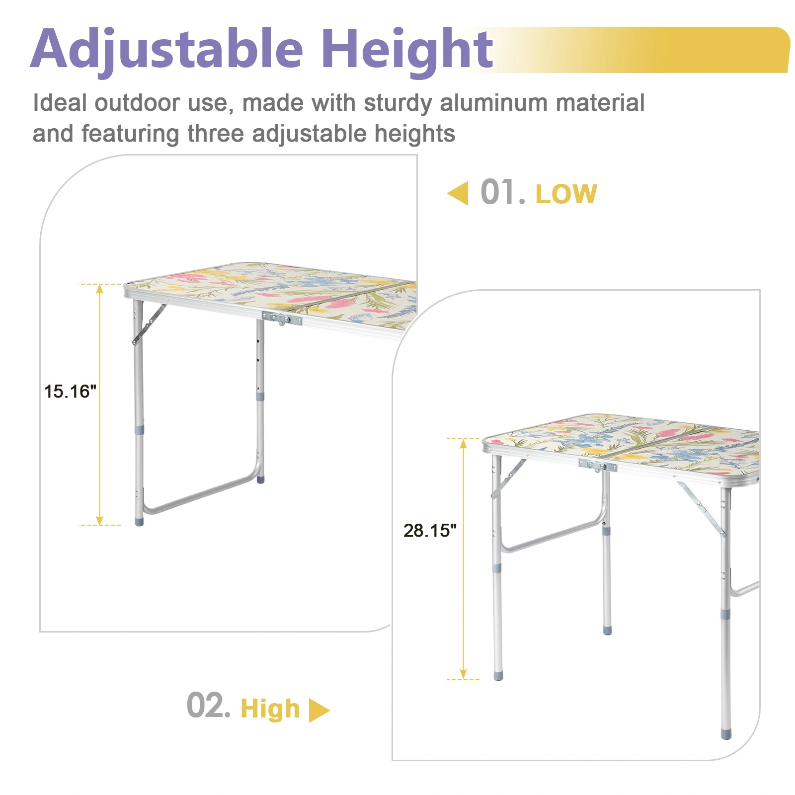 4 Ft Rectangular Folding Table, 23.82 in Width, 3-Level Adjustable Height, Aluminum Frame, 110 lbs Capacity, Floral Print, Outdoor Camping Picnic Party view 8