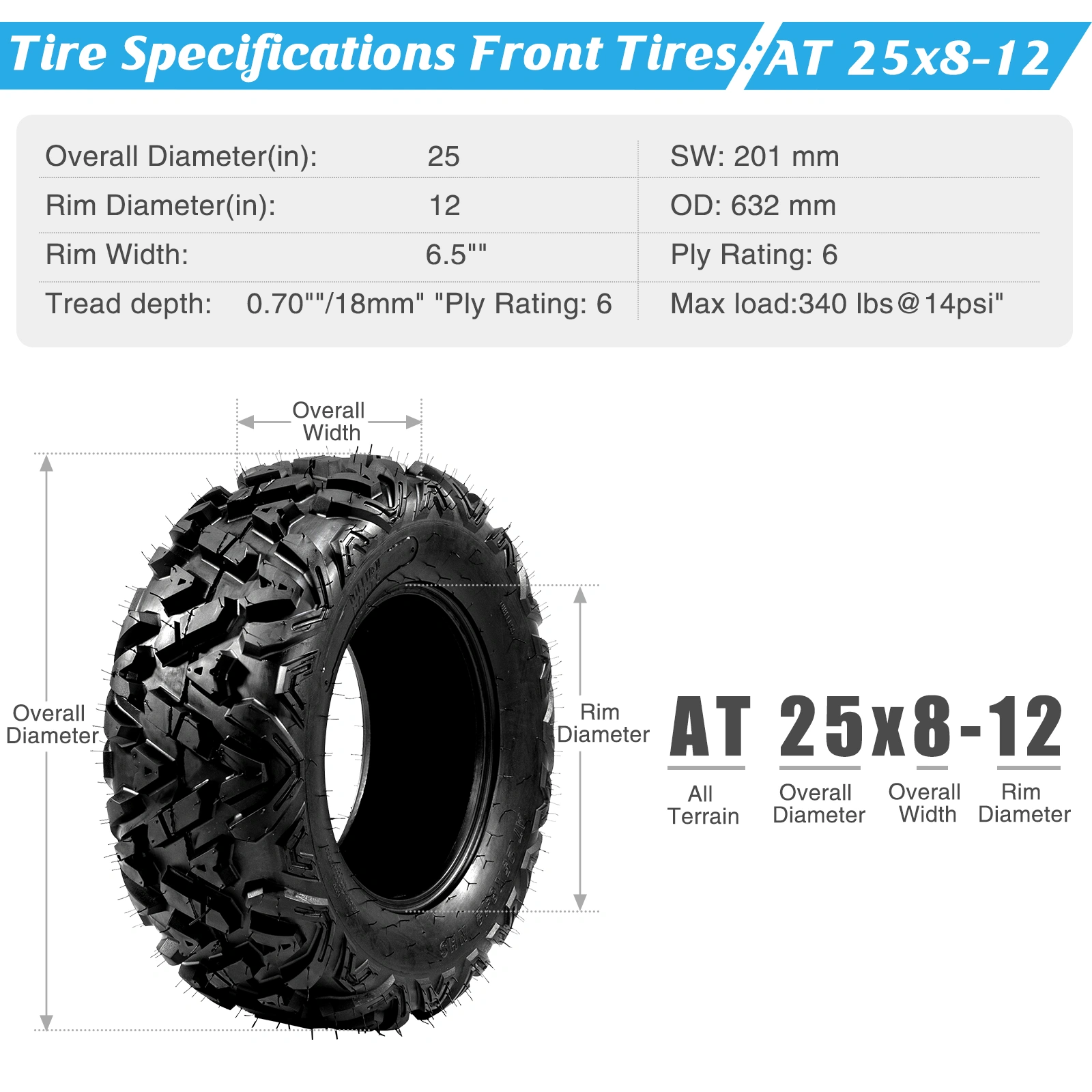 Complete Set of 4 All Terrain ATV UTV Tires 25x8-12 Front & 25x10-12 Rear 6PR Tubeless view 18