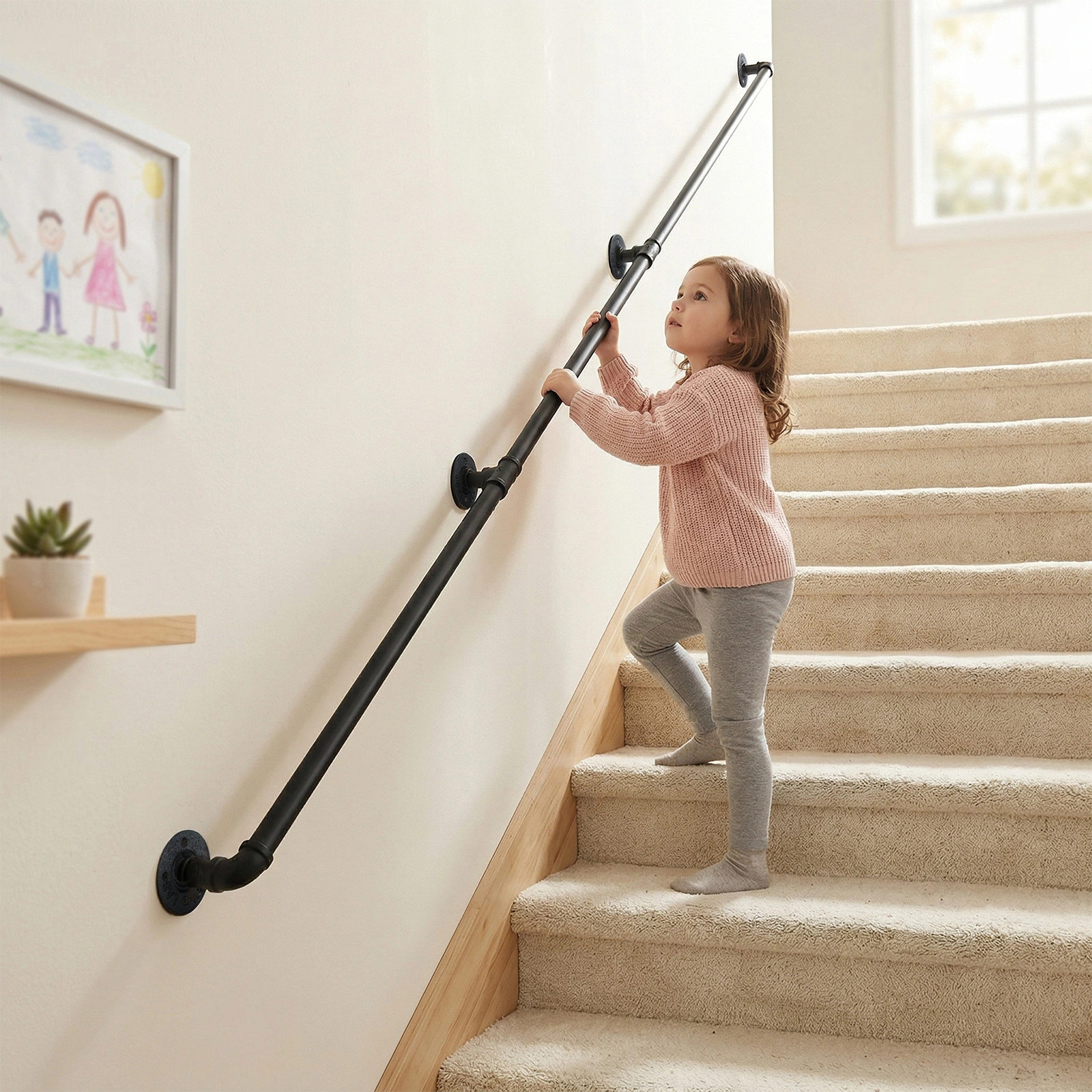 12FT three-section iron courtyard stair handrail black view 3