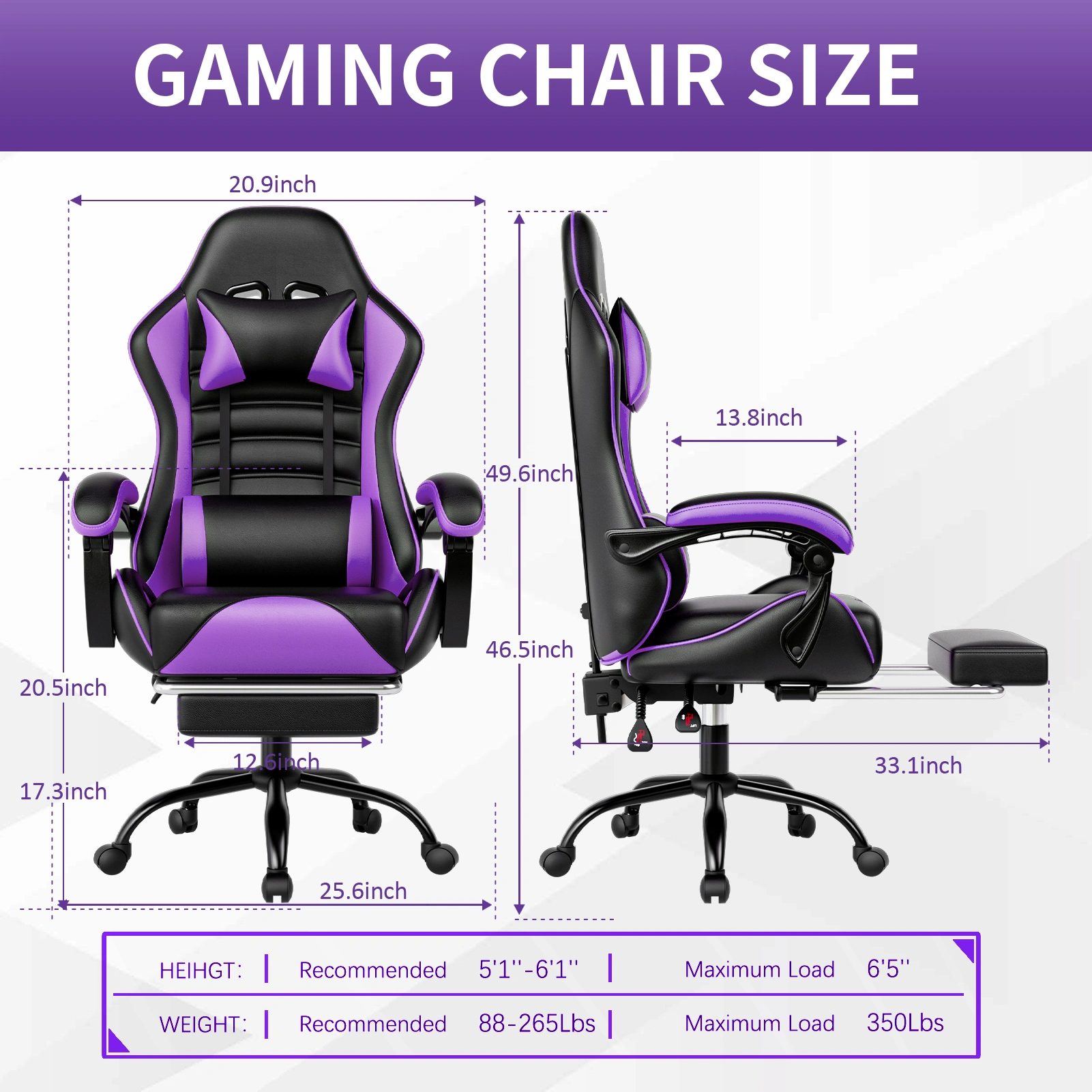 Gaming Chair with Footrest for Adults & Kids, Recliner Ergonomic Computer Chair, Adjustable Lumbar Pillow & Headrest, Office Desk Gamer Chair view 2