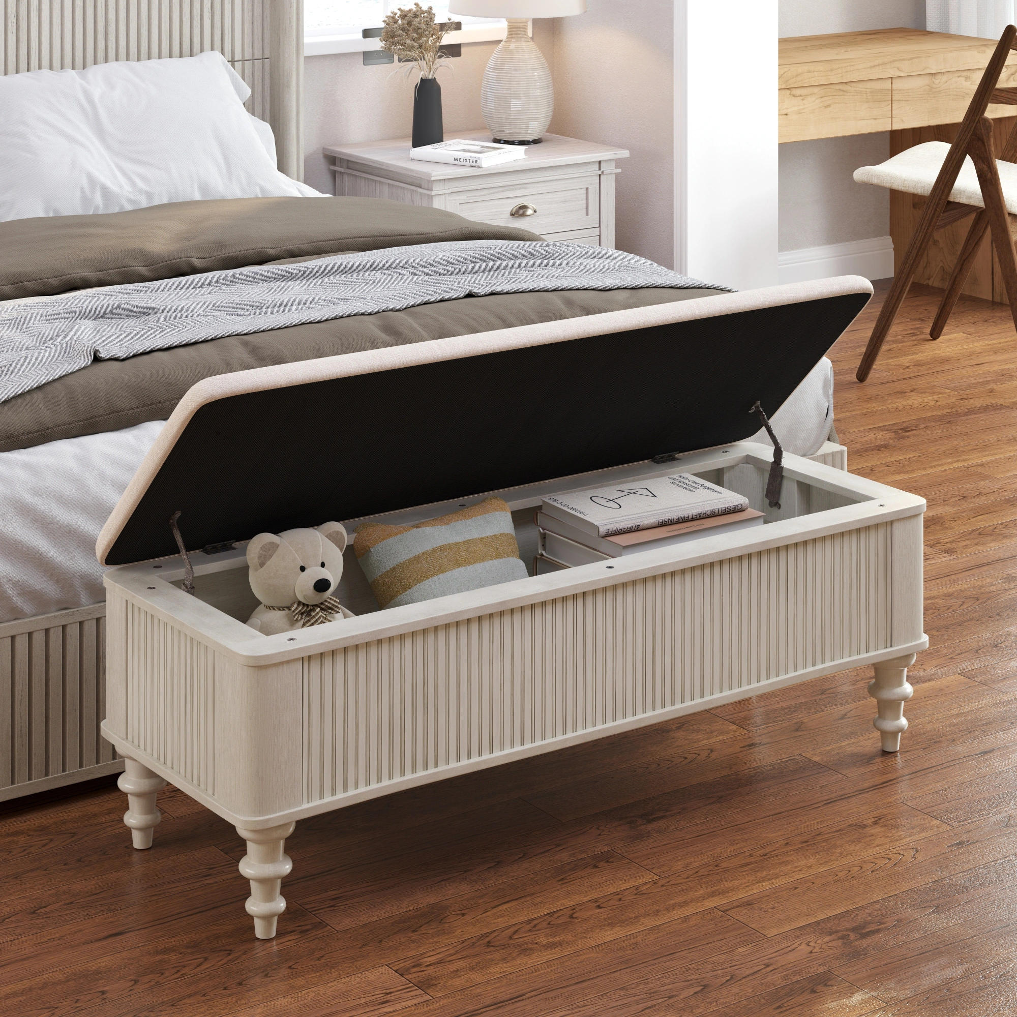 50.8-inch Multi-Functional Storage Ottoman Bench-Solid Rubberwood Bed End Bench with Linen Seat, Storage Bench for Bedroom, Entryway Shoe Organizer for Bedroom, Living Room, Entryway, Closet, Beige view 7